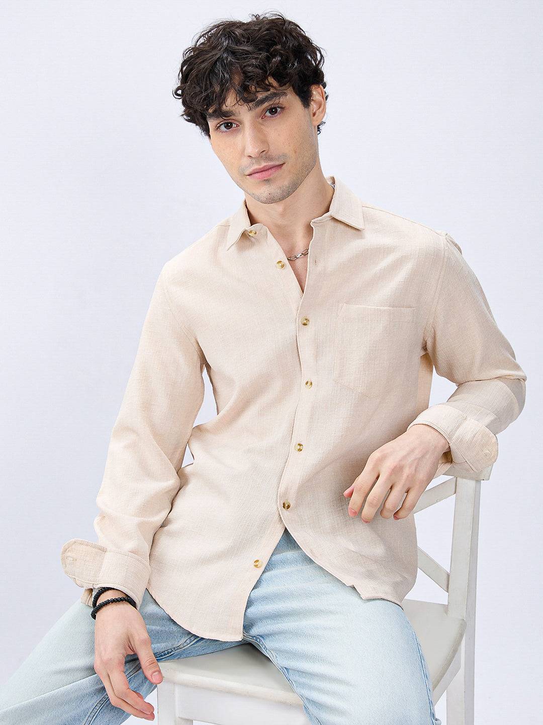 Cream Slub Textured Shirt Buy only at ₹659