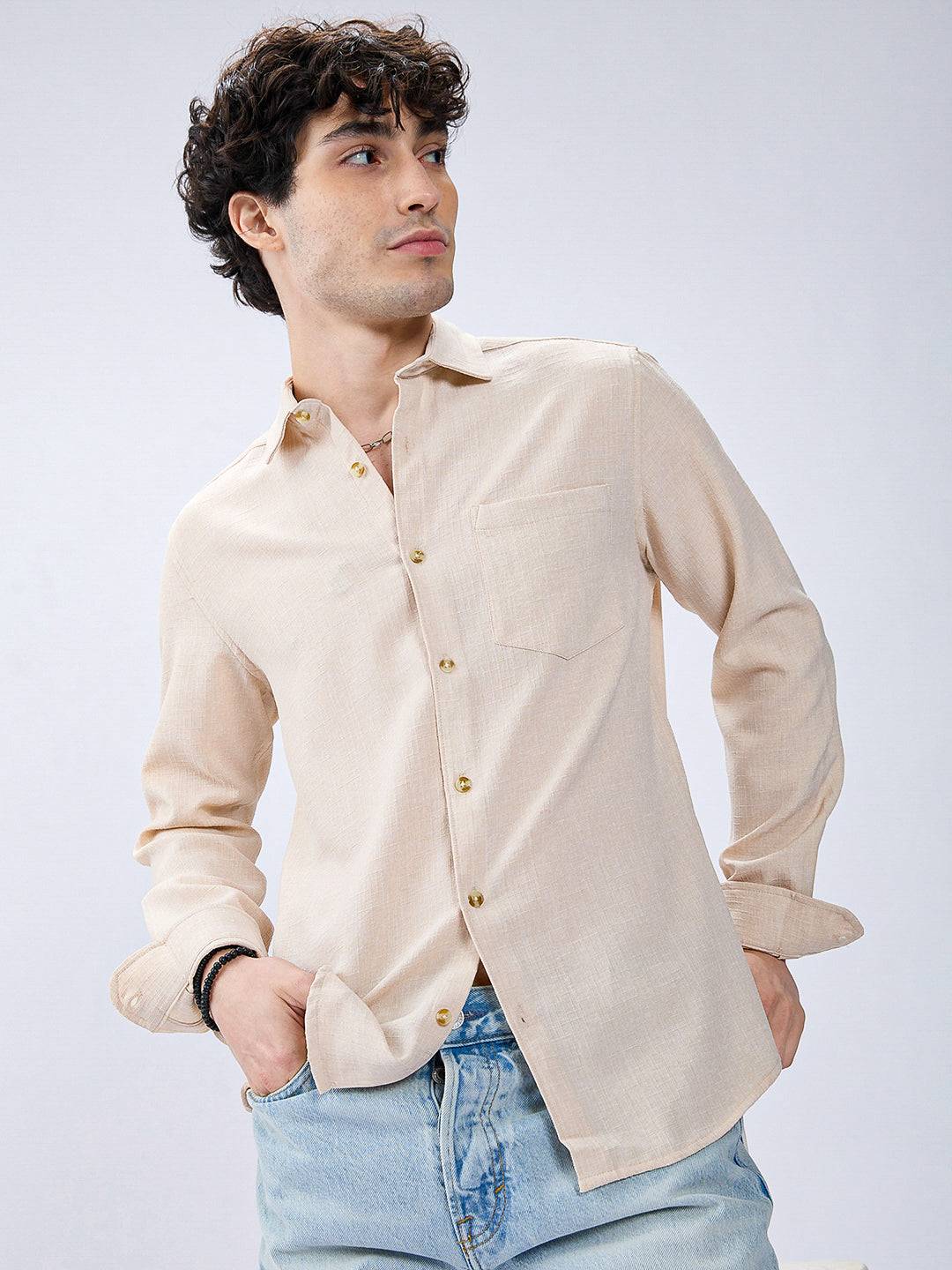 Cream Slub Textured Shirt Buy only at ₹659