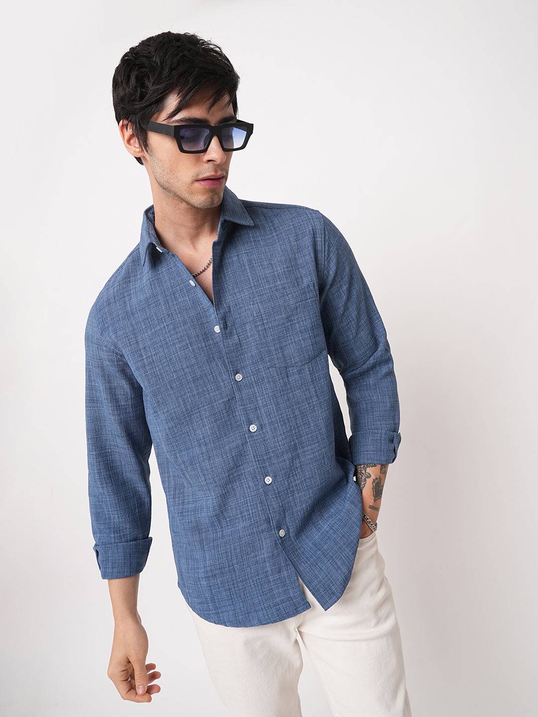 Aegean Blue Slub Textured Shirt Buy only at ₹659