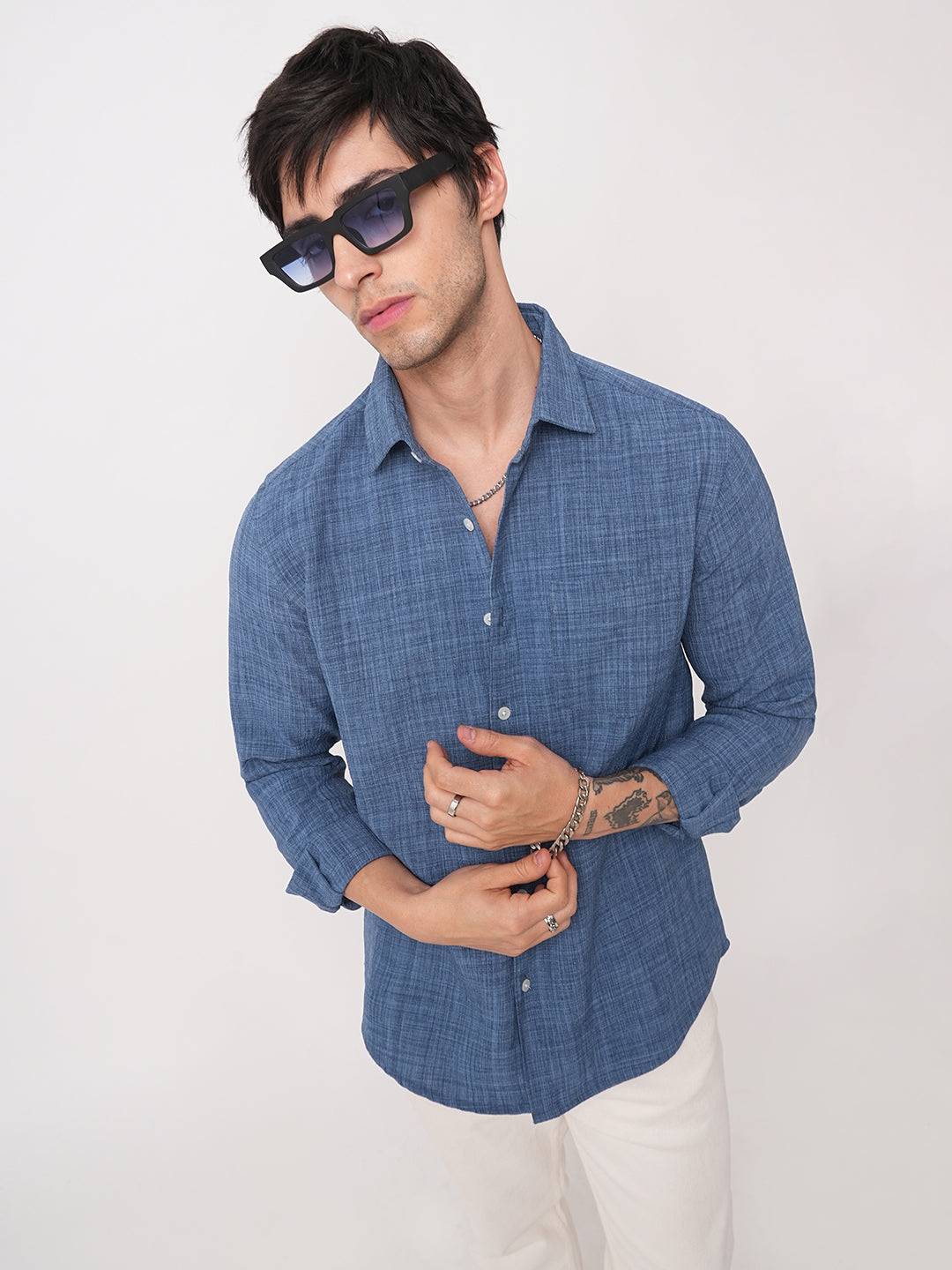 Aegean Blue Slub Textured Shirt Buy only at ₹659
