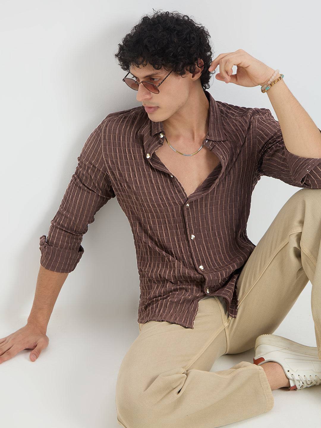 Exquisite Mocha Brown Checked Crinkled Shirt Buy only at ₹699