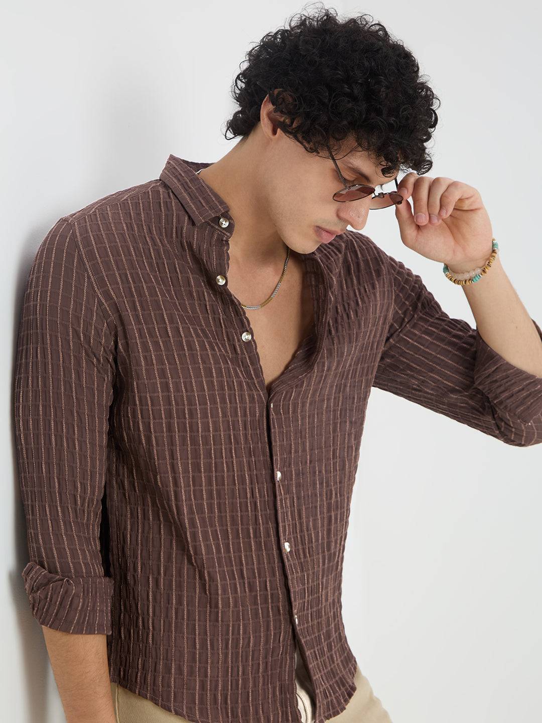 Exquisite Mocha Brown Checked Crinkled Shirt Buy only at ₹699