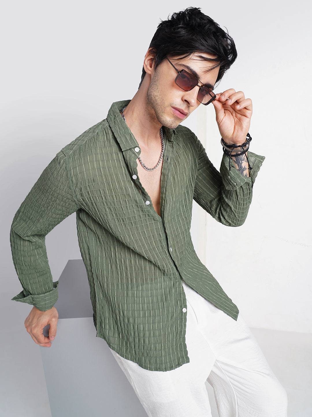 Exquisite Pine Green Checked Crinkled Shirt Buy only at ₹699
