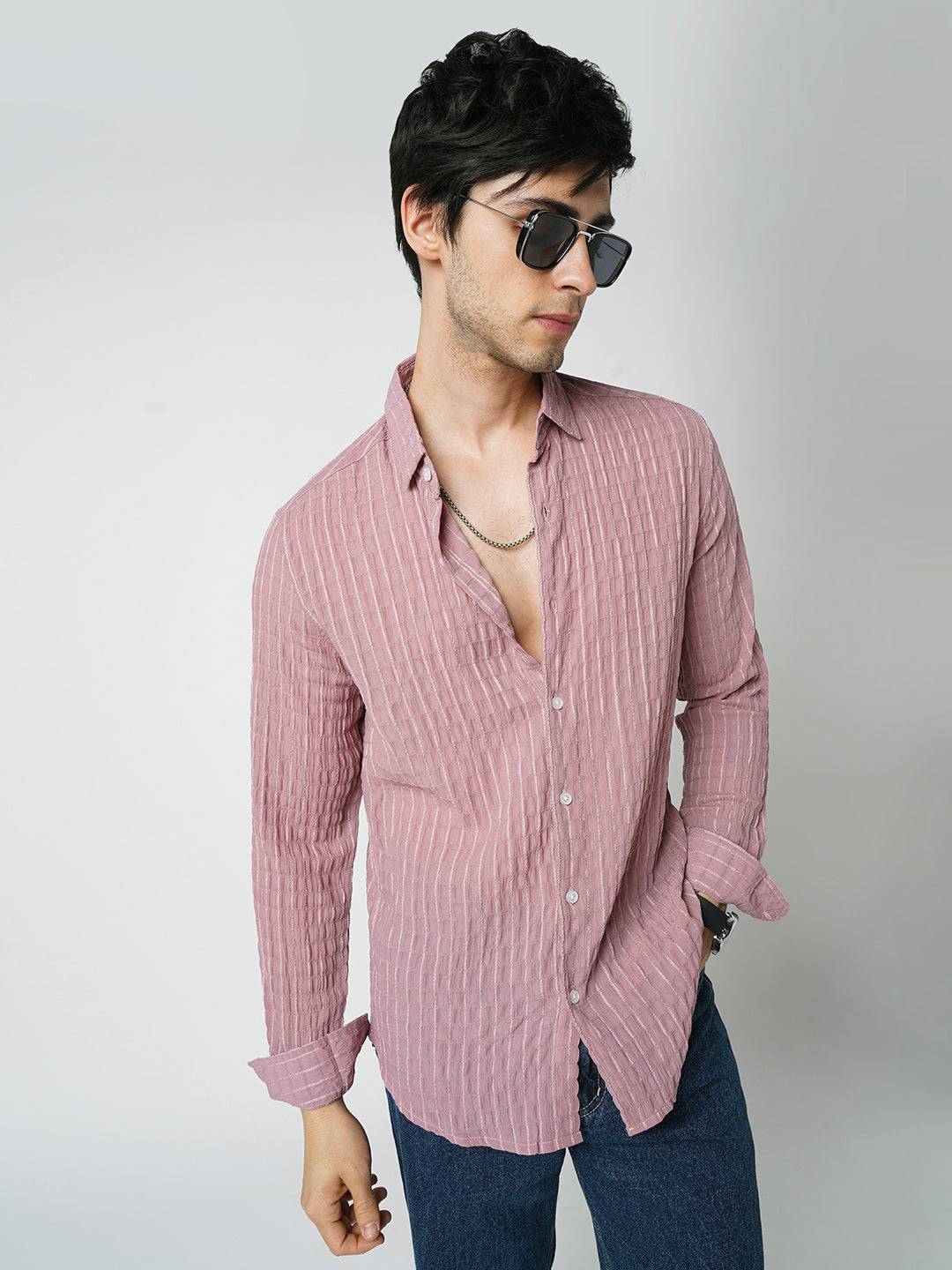 Exquisite Puce Pink Checked Crinkled Shirt Buy only at ₹699