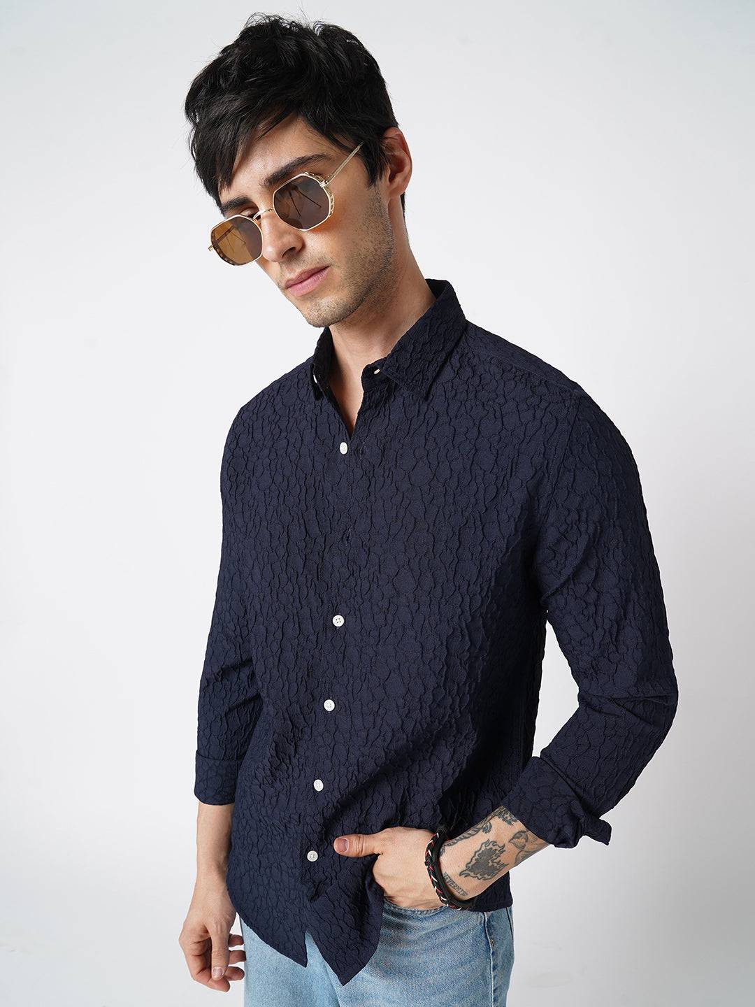Intricate Navy Textured Shirt Buy only at ₹699