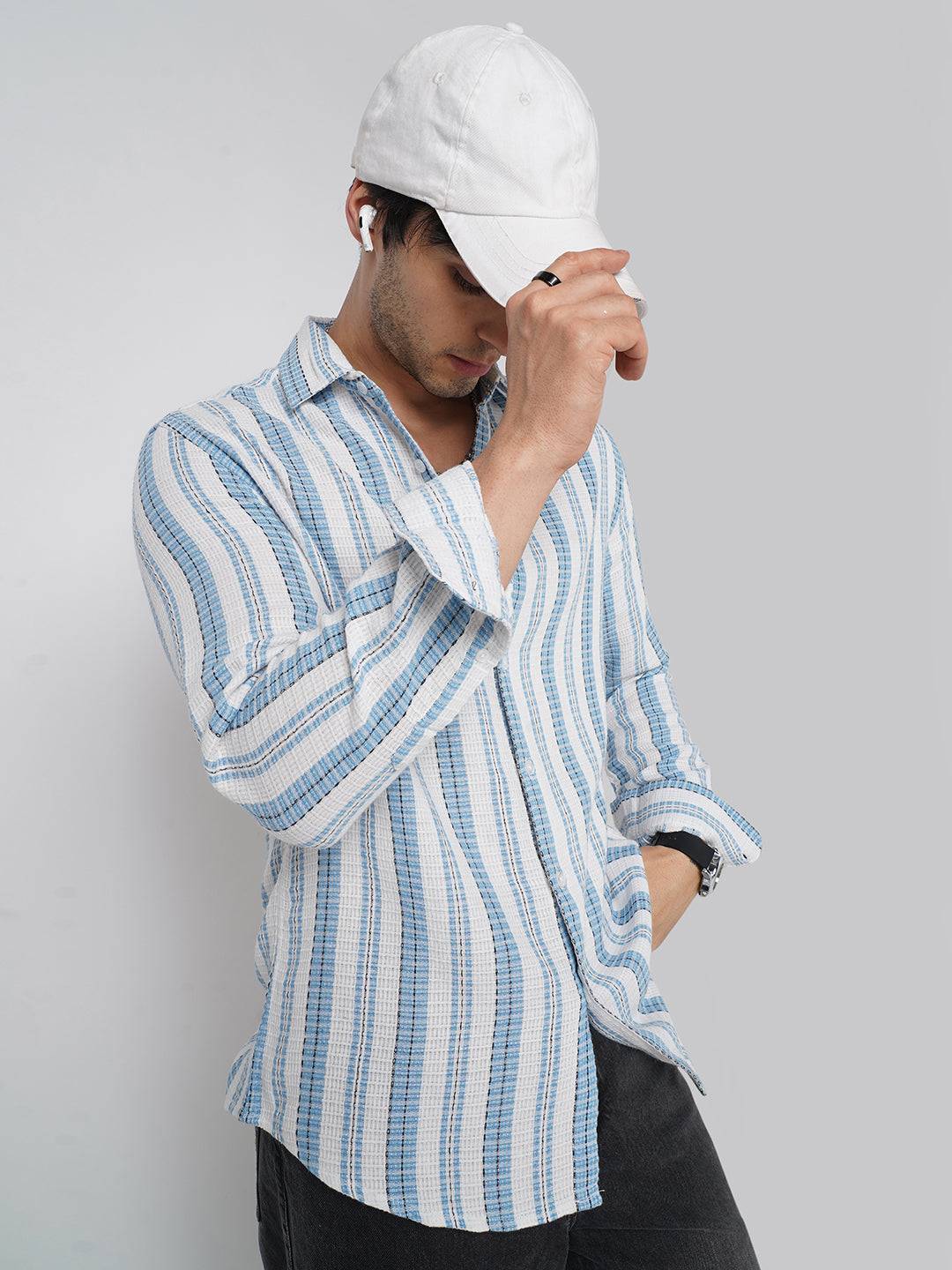 Blue & White Dobby Striped Shirt Buy only at ₹699
