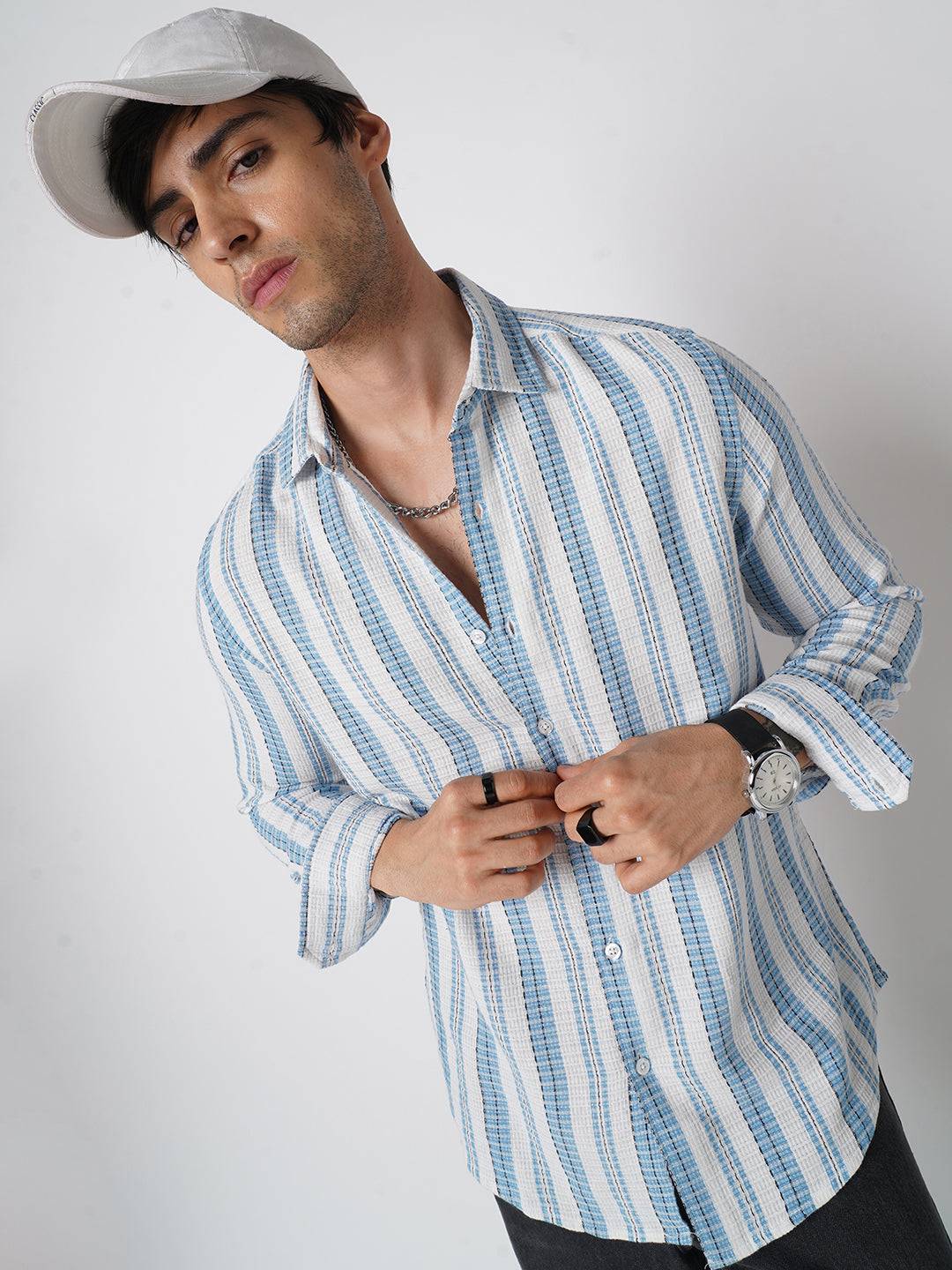 Blue & White Dobby Striped Shirt Buy only at ₹699