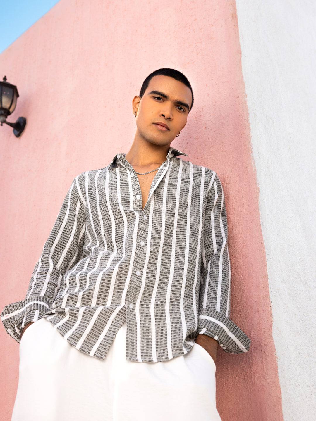 Olive & White Dobby Striped Shirt Buy only at ₹524