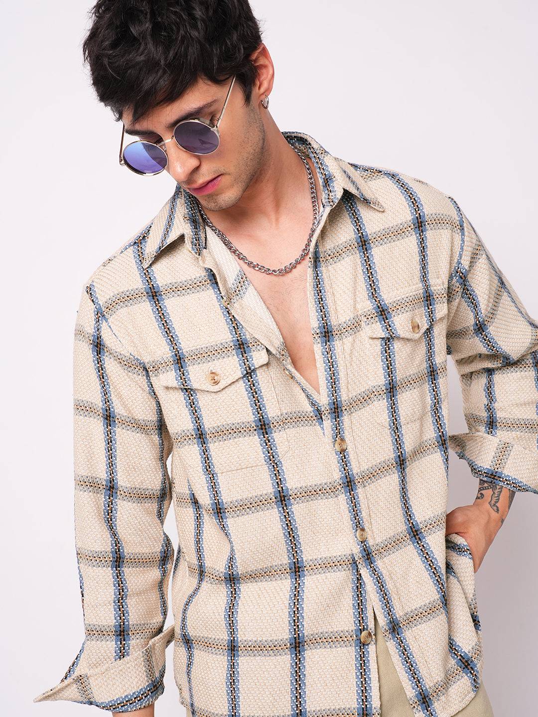 Soft Beige Box Checks Double Pocket Overshirt Buy only at ₹799