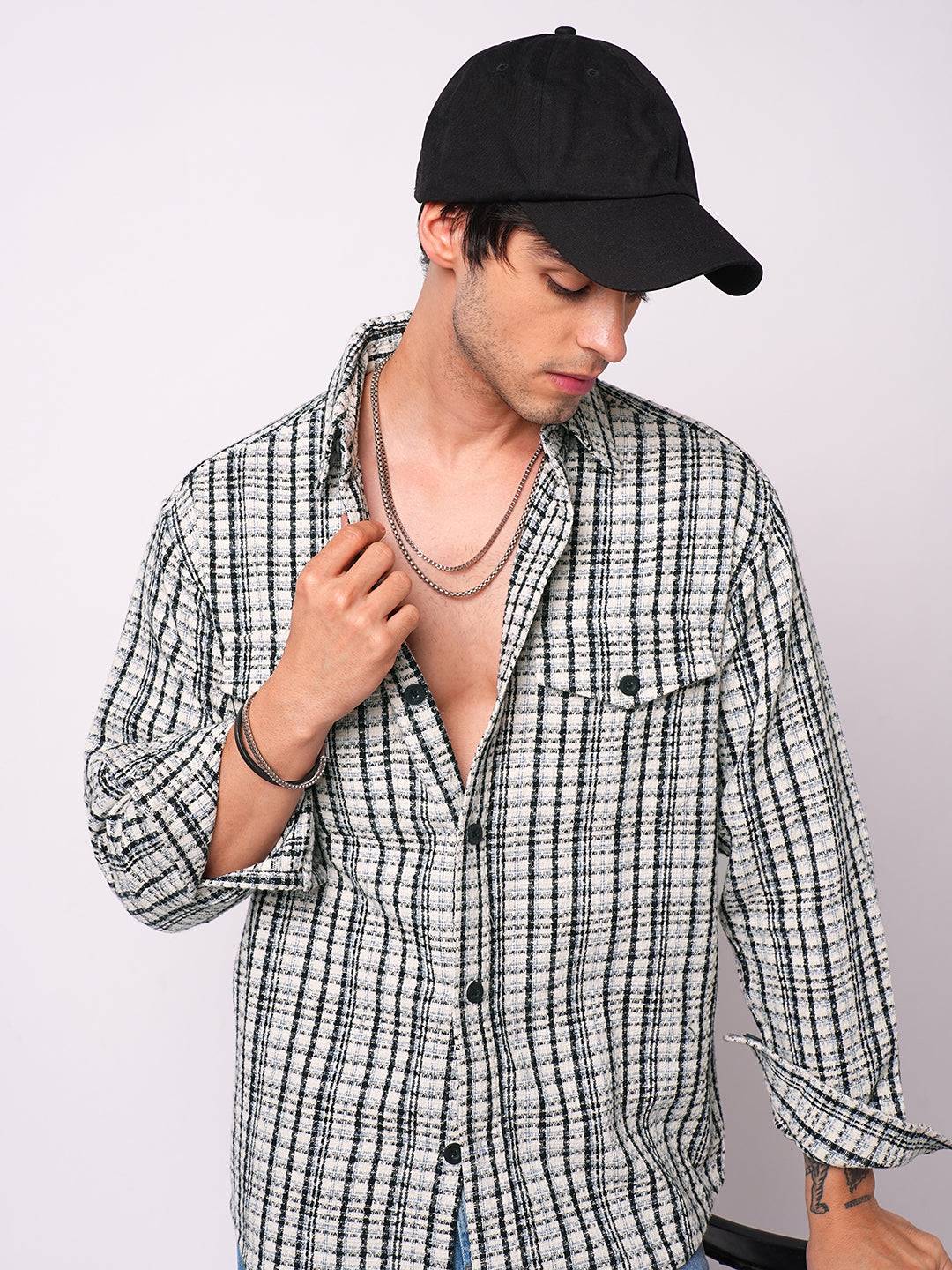 Black Tartan Checks Double Pocket Overshirt Buy only at ₹799