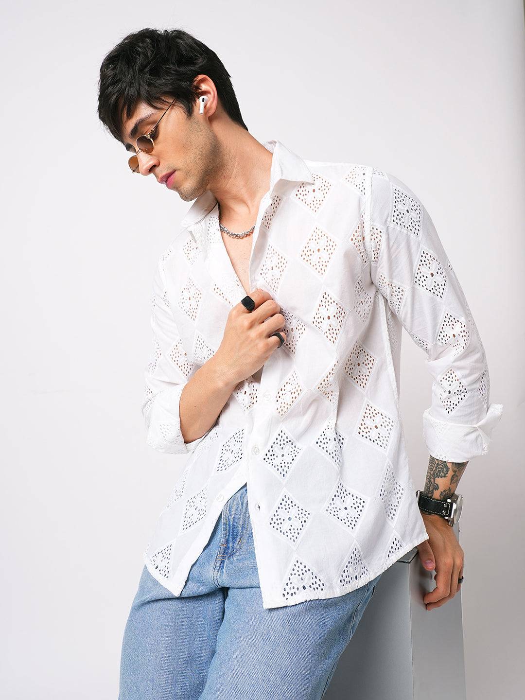 Snow White Diamond Schiffli Shirt Buy only at ₹999