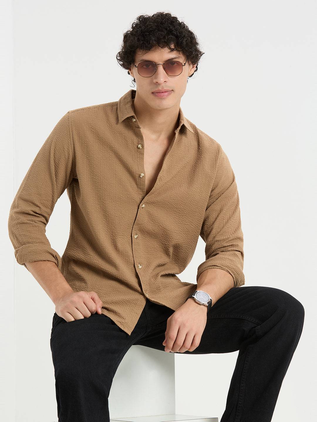 Timeless Peanut Brown Seersucker Shirt Buy only at ₹699