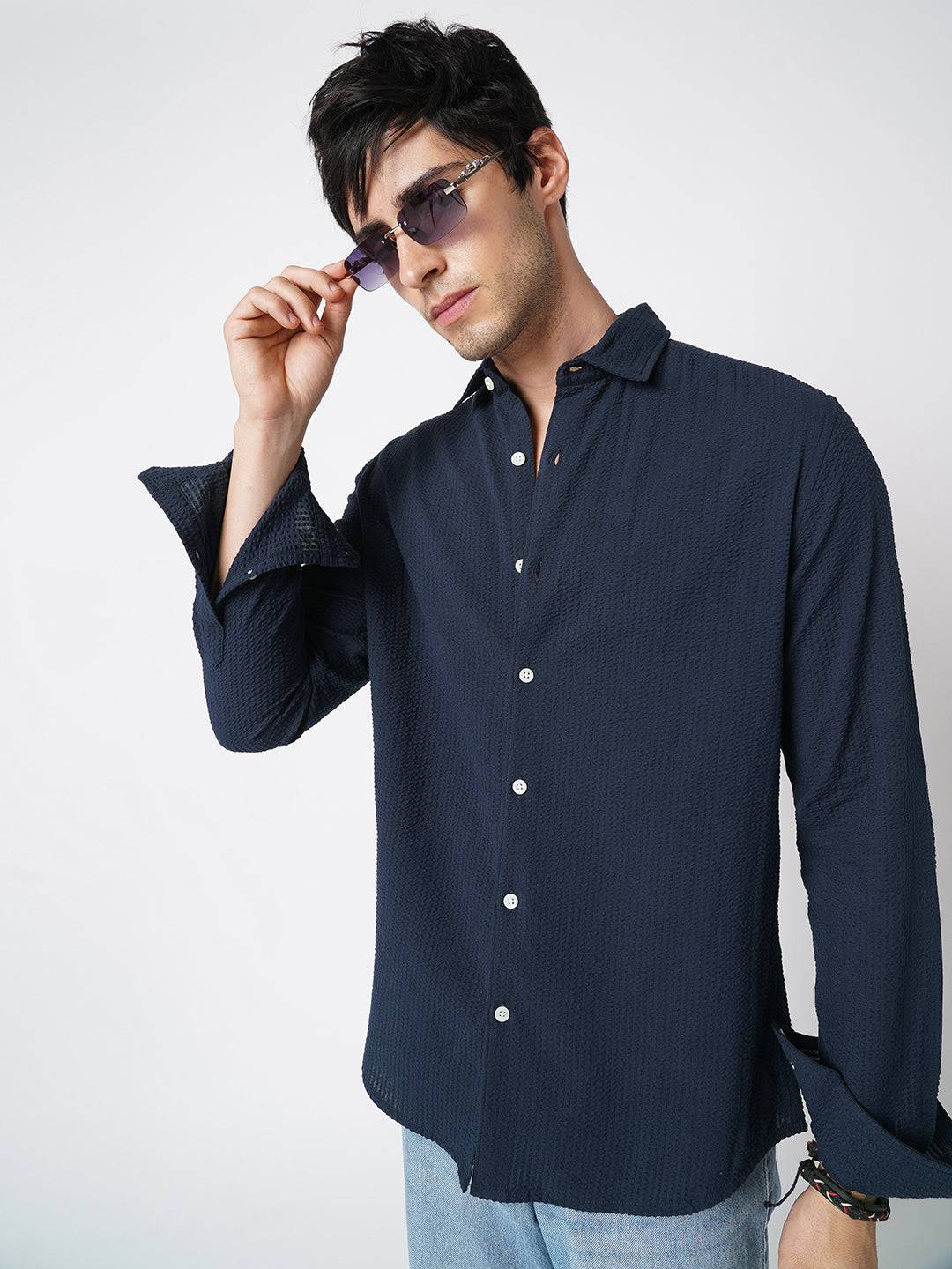 Elegant Navy Seersucker Shirt Buy only at ₹699