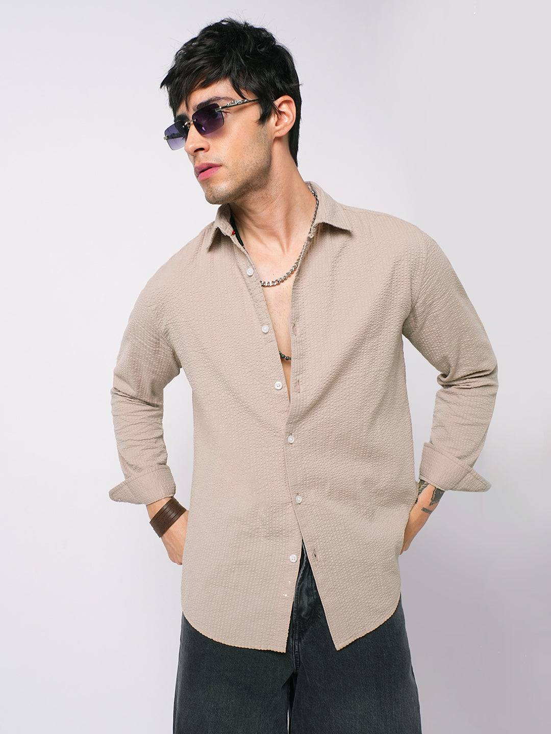 Light Taupe Brown Seersucker Shirt Buy only at ₹699