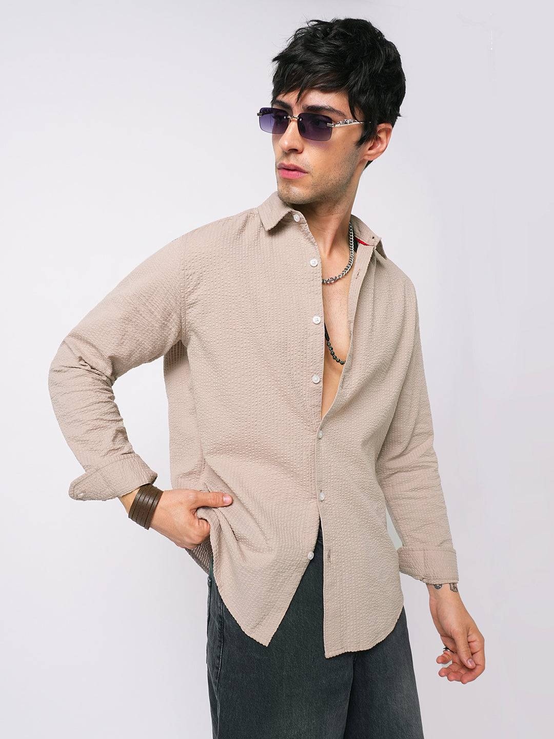 Light Taupe Brown Seersucker Shirt Buy only at ₹699