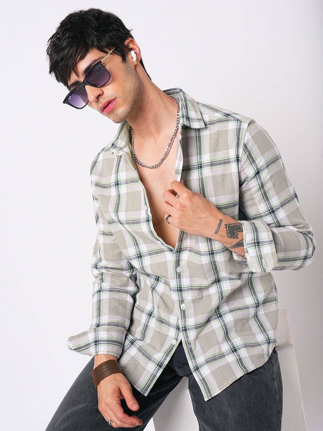 Premium Cotton Burlap Grey & Navy Plaid Checks Textured Shirt Buy only at ₹799