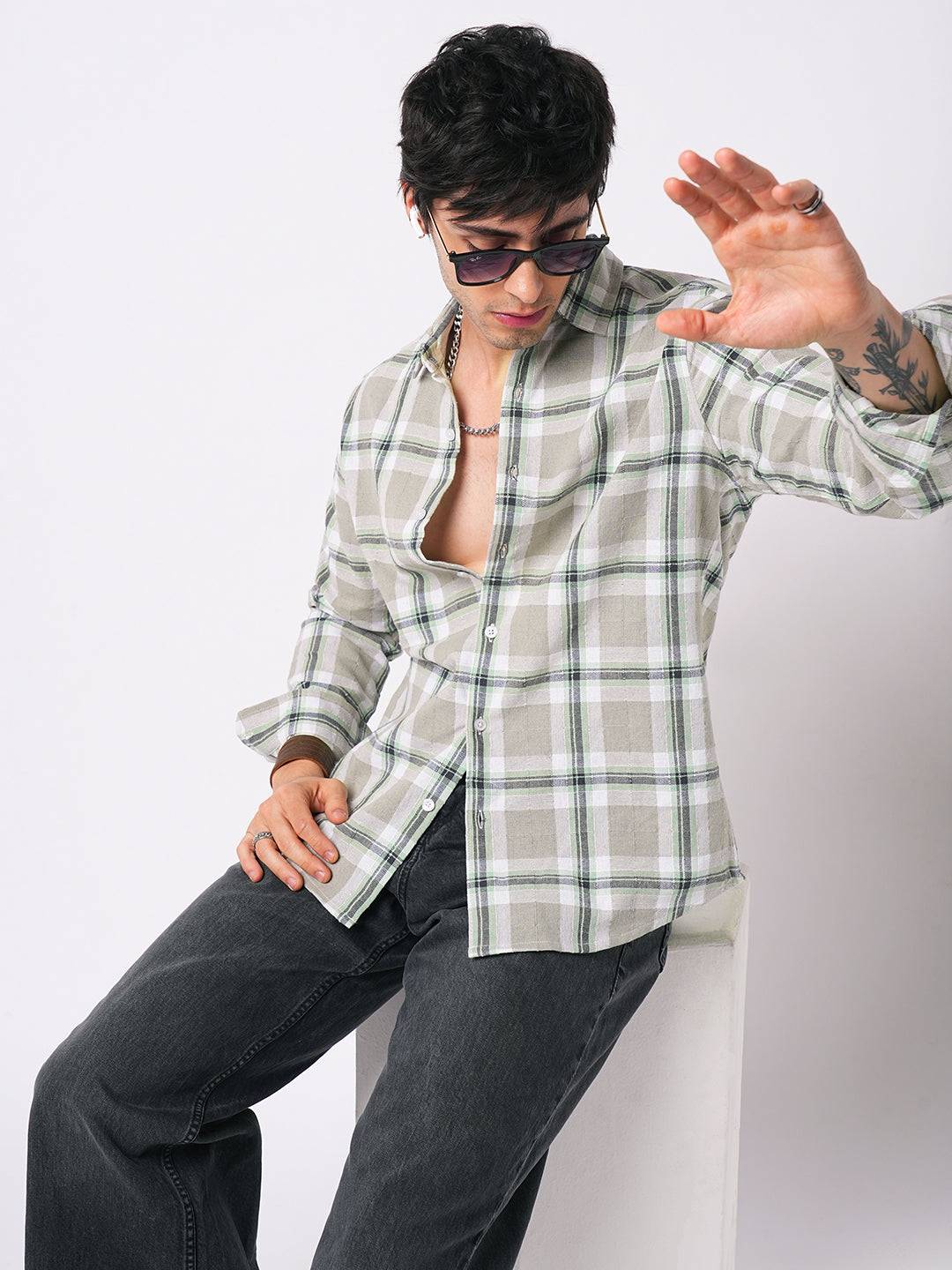 Premium Cotton Burlap Grey & Navy Plaid Checks Textured Shirt Buy only at ₹799