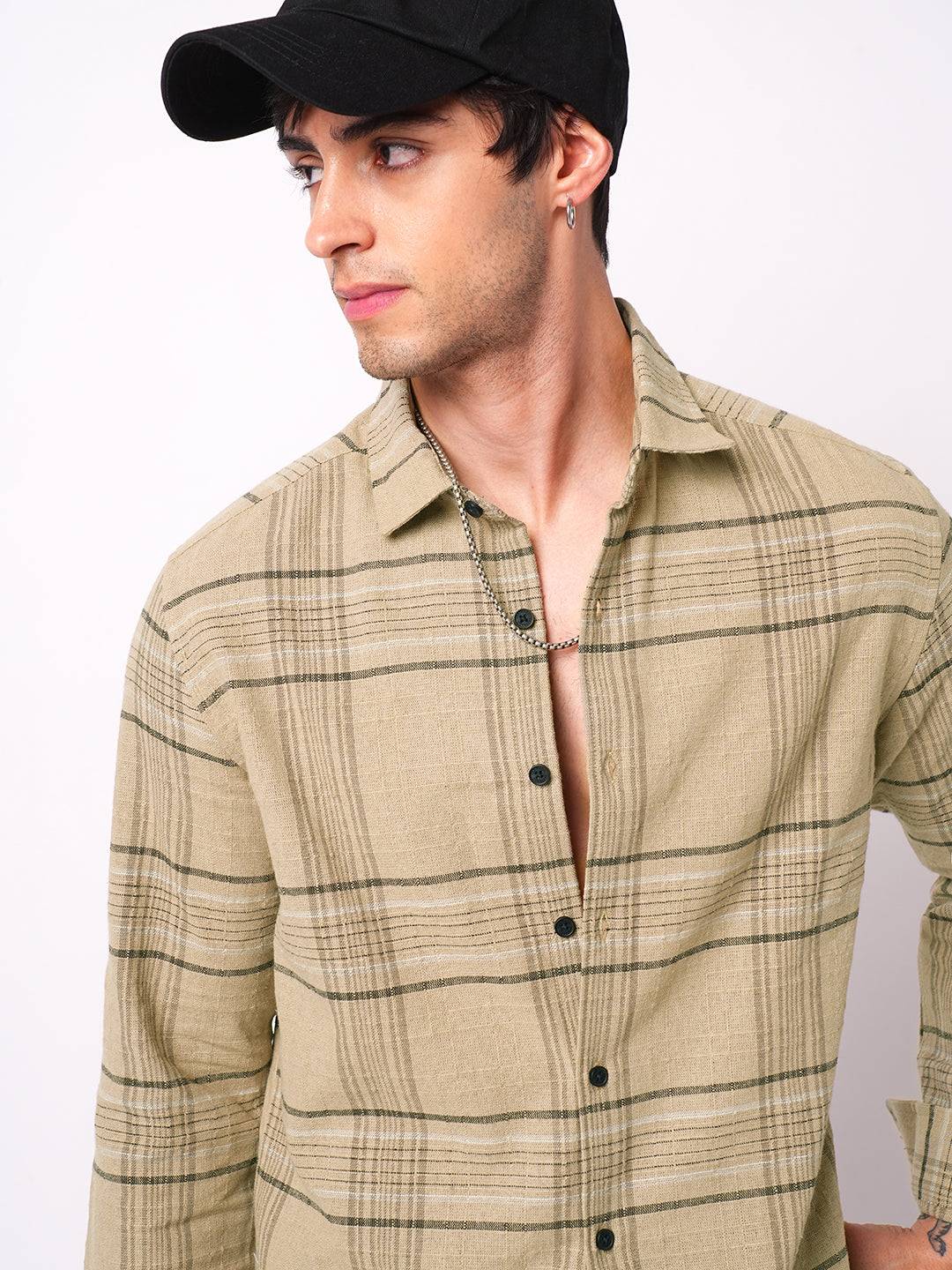 Premium Cotton Camel Beige Plaid Checks Textured Shirt Buy only at ₹799