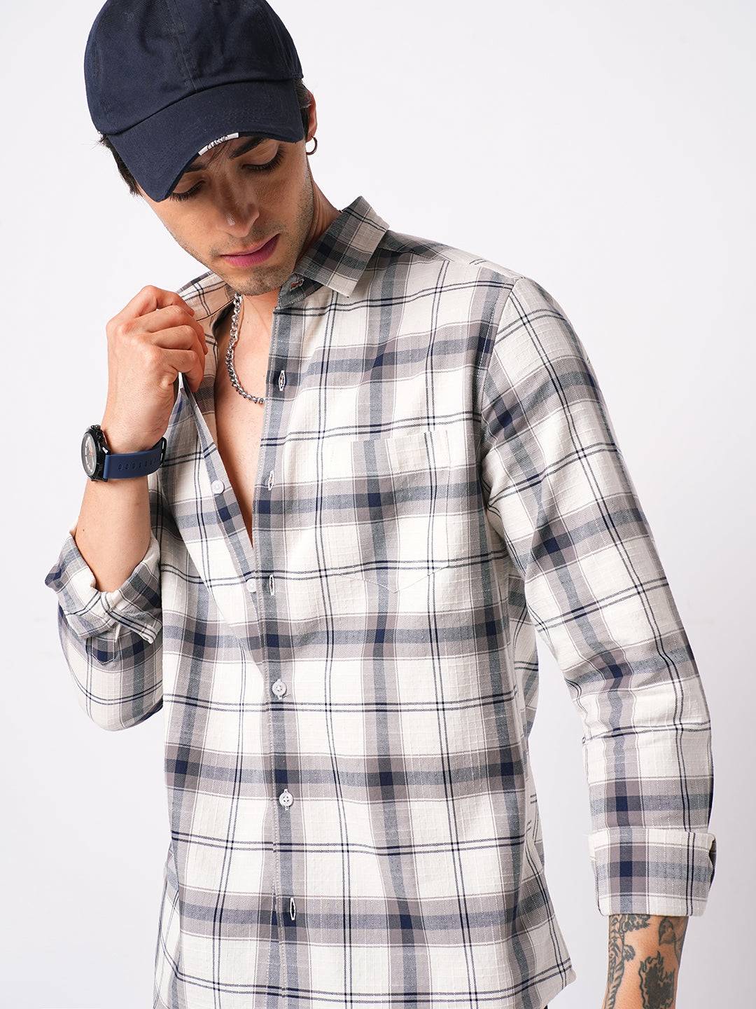 Modish Navy & White Tartanique Checks Textured Shirt Buy only at ₹799