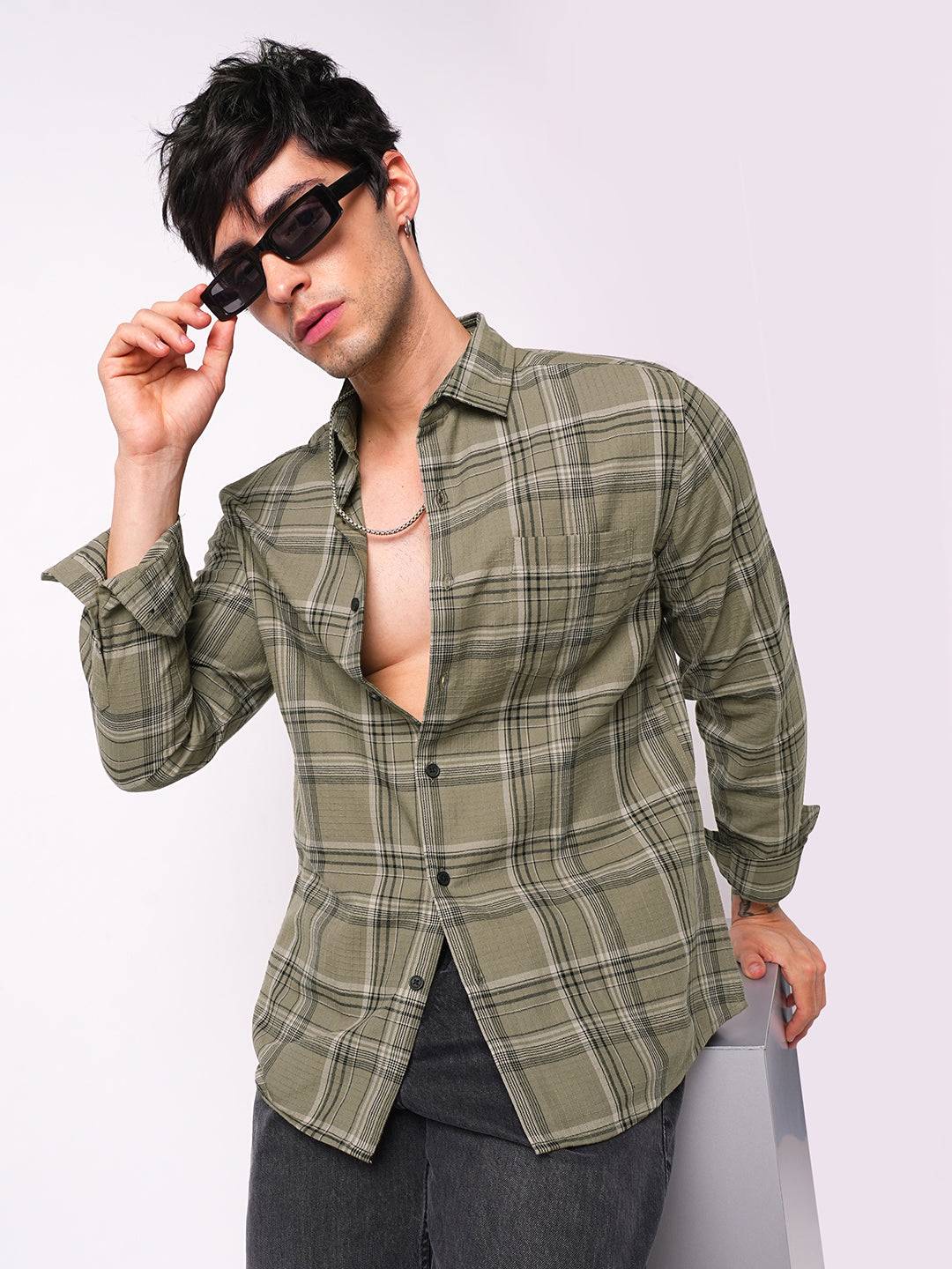 Premium Cotton Spiffy Olive & Black Tartan Checks Shirt Buy only at ₹799