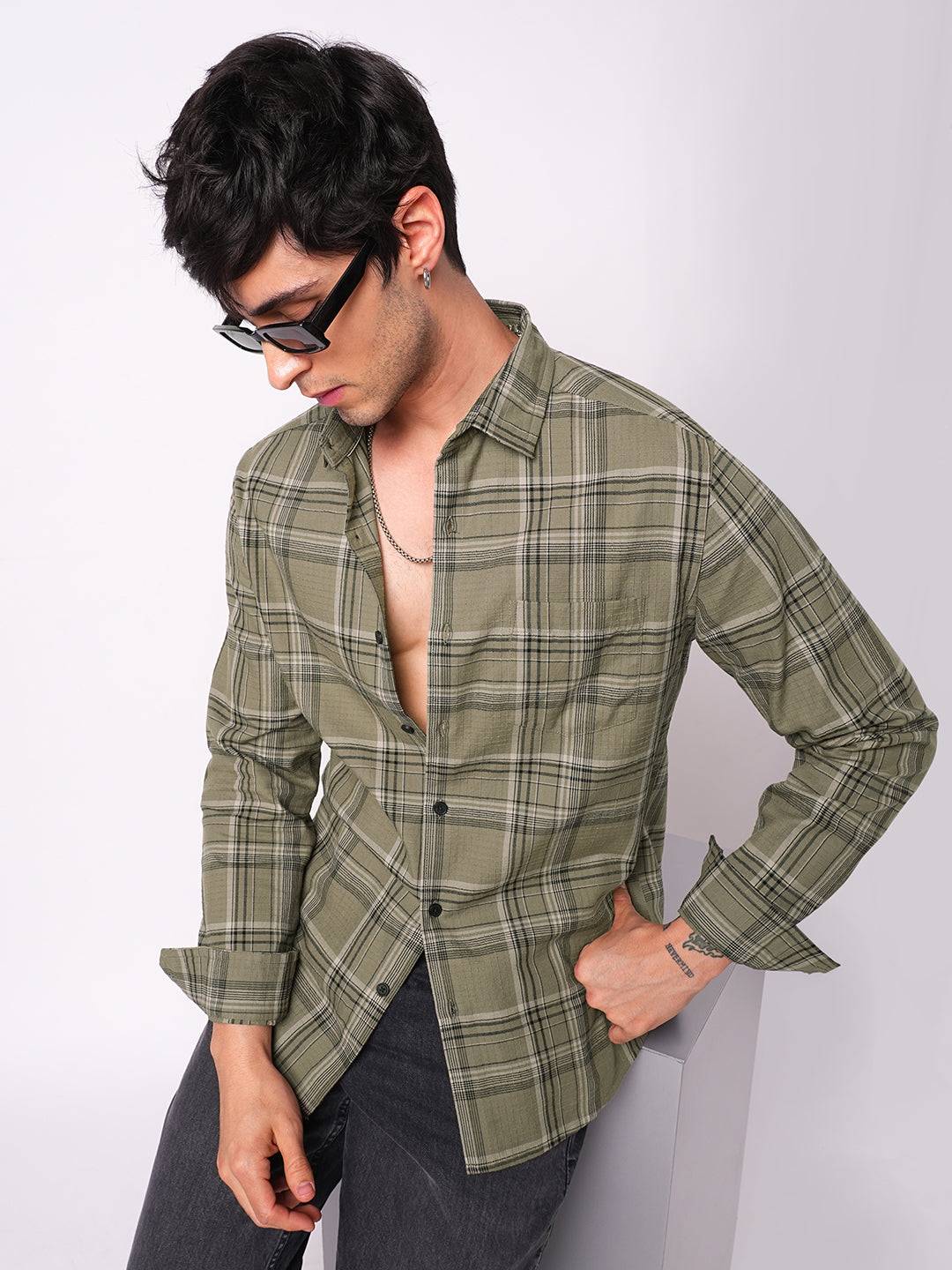 Premium Cotton Spiffy Olive & Black Tartan Checks Shirt Buy only at ₹799