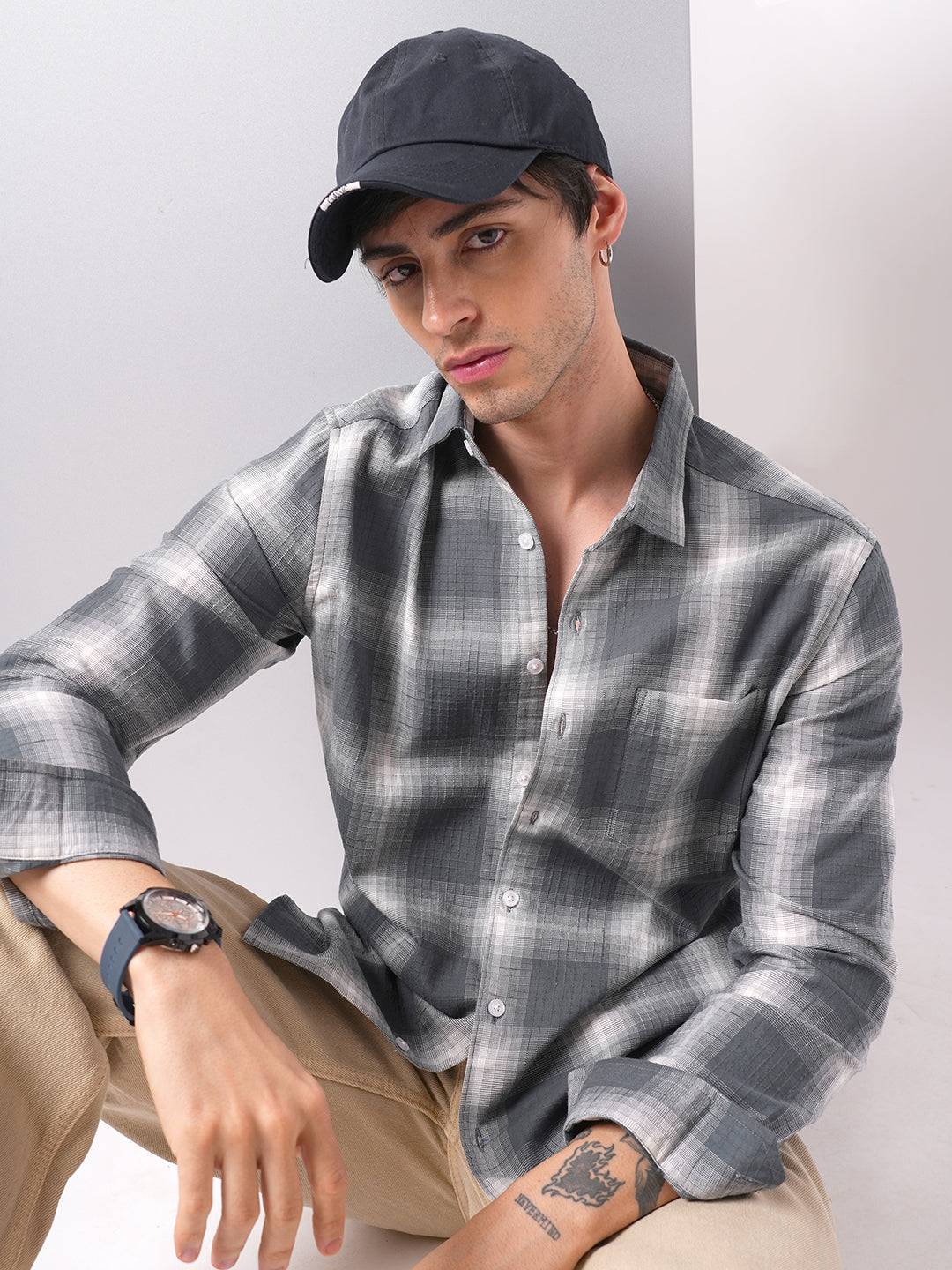 Premium Cotton Grey & White Box Checks Textured Shirt Buy only at ₹799