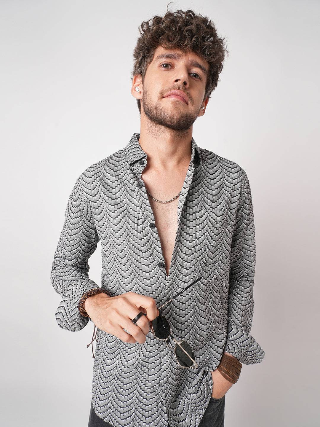 Black Jacquard Weaved Shirt Buy only at ₹659