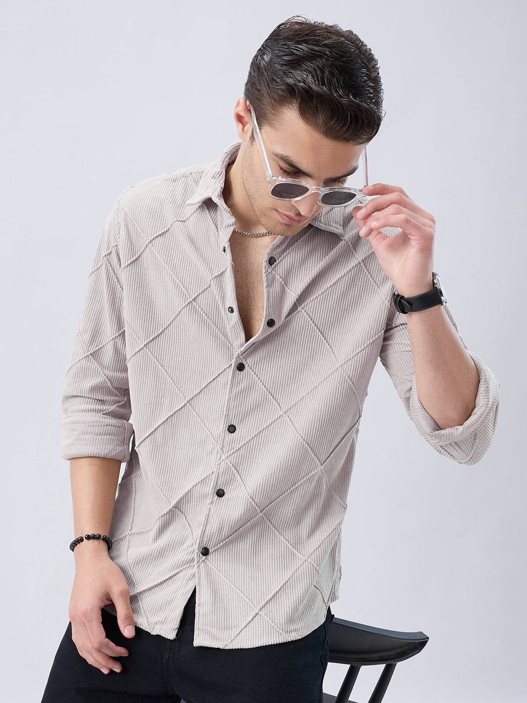 Misty Grey Textured Corduroy Shirt Buy only at ₹859