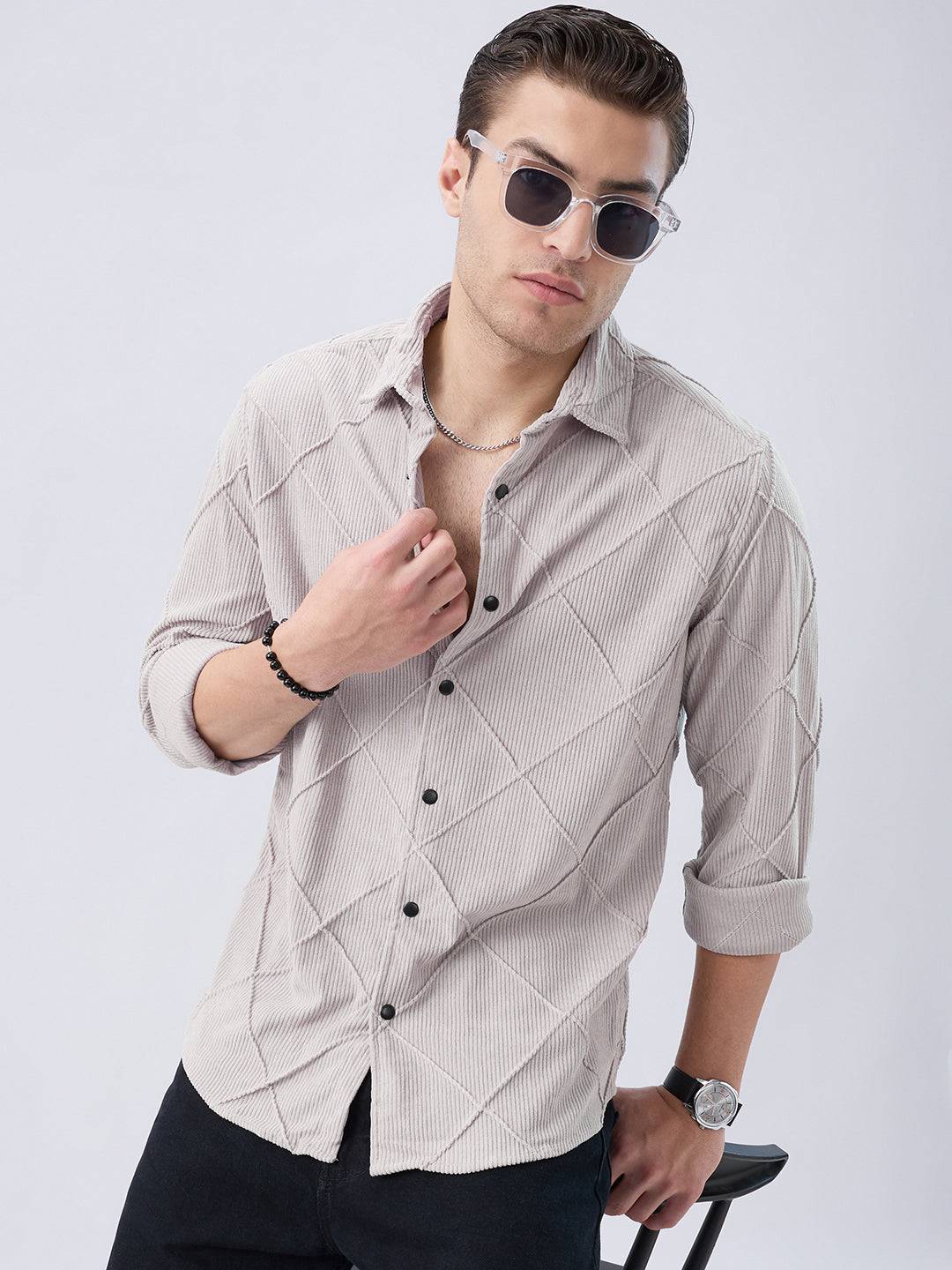 Misty Grey Textured Corduroy Shirt Buy only at ₹859