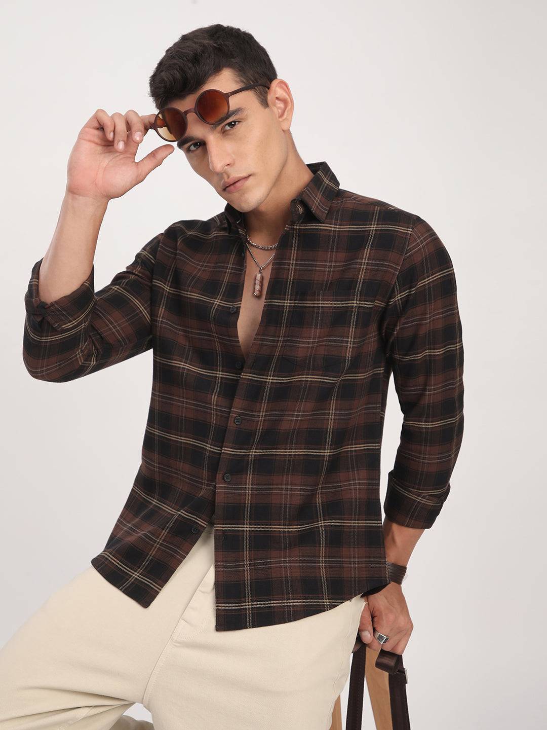 Premium Cotton Black & Dark Brown Obscura Checks Shirt Buy only at ₹759