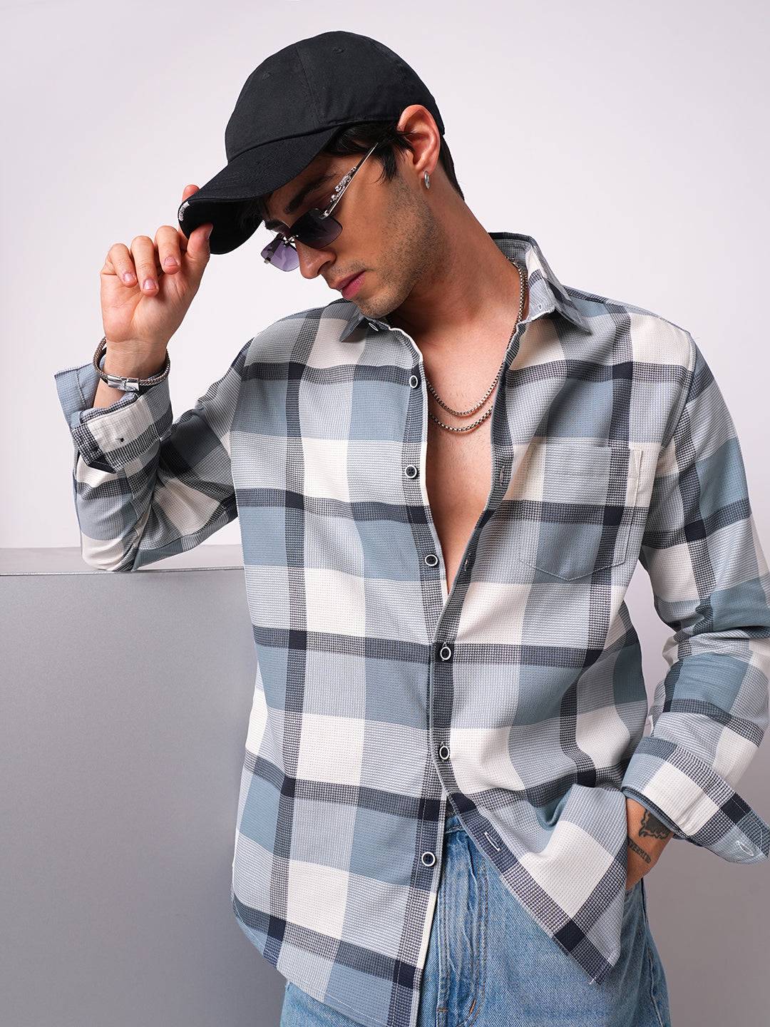 Premium Cotton Blue Glacier Grid Plaid Checks shirt Buy only at ₹759