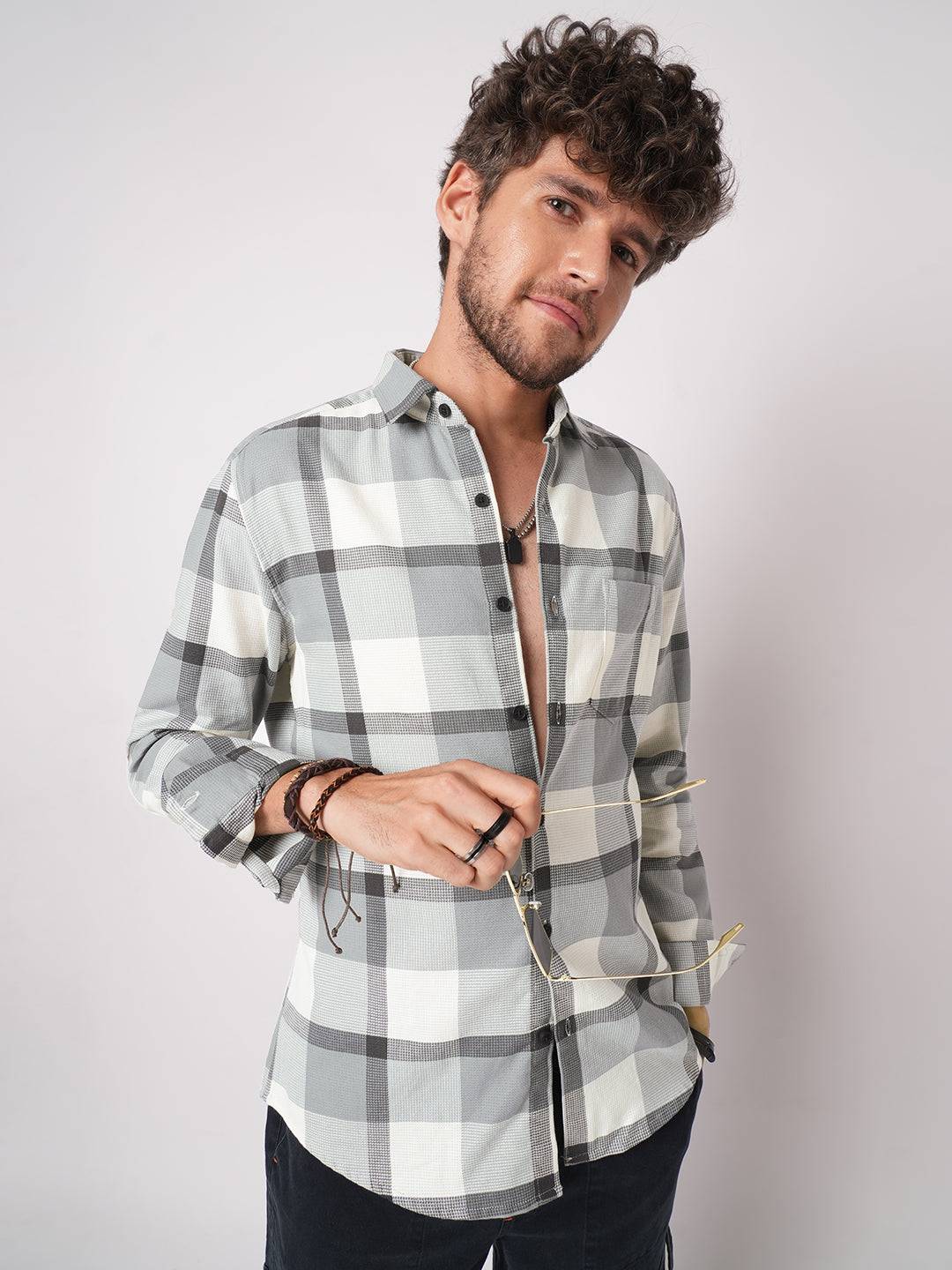 Premium Cotton White & Gradient Grey Minimalist Checks Shirt Buy only at ₹759