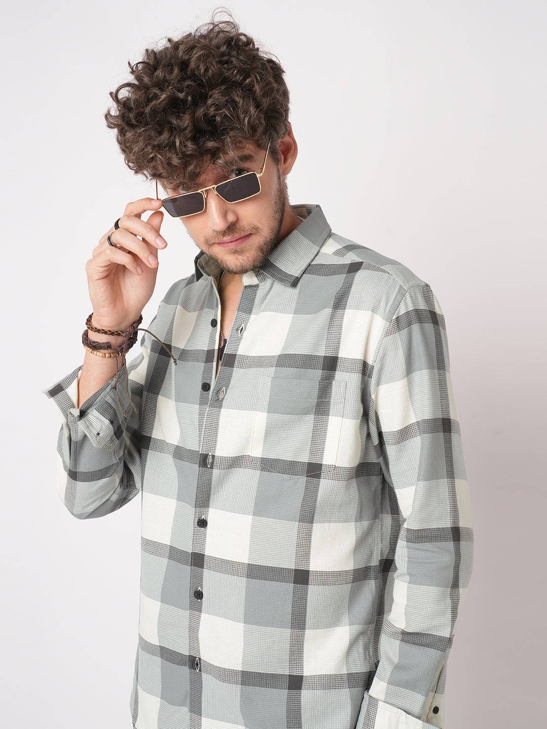 Premium Cotton White & Gradient Grey Minimalist Checks Shirt Buy only at ₹759
