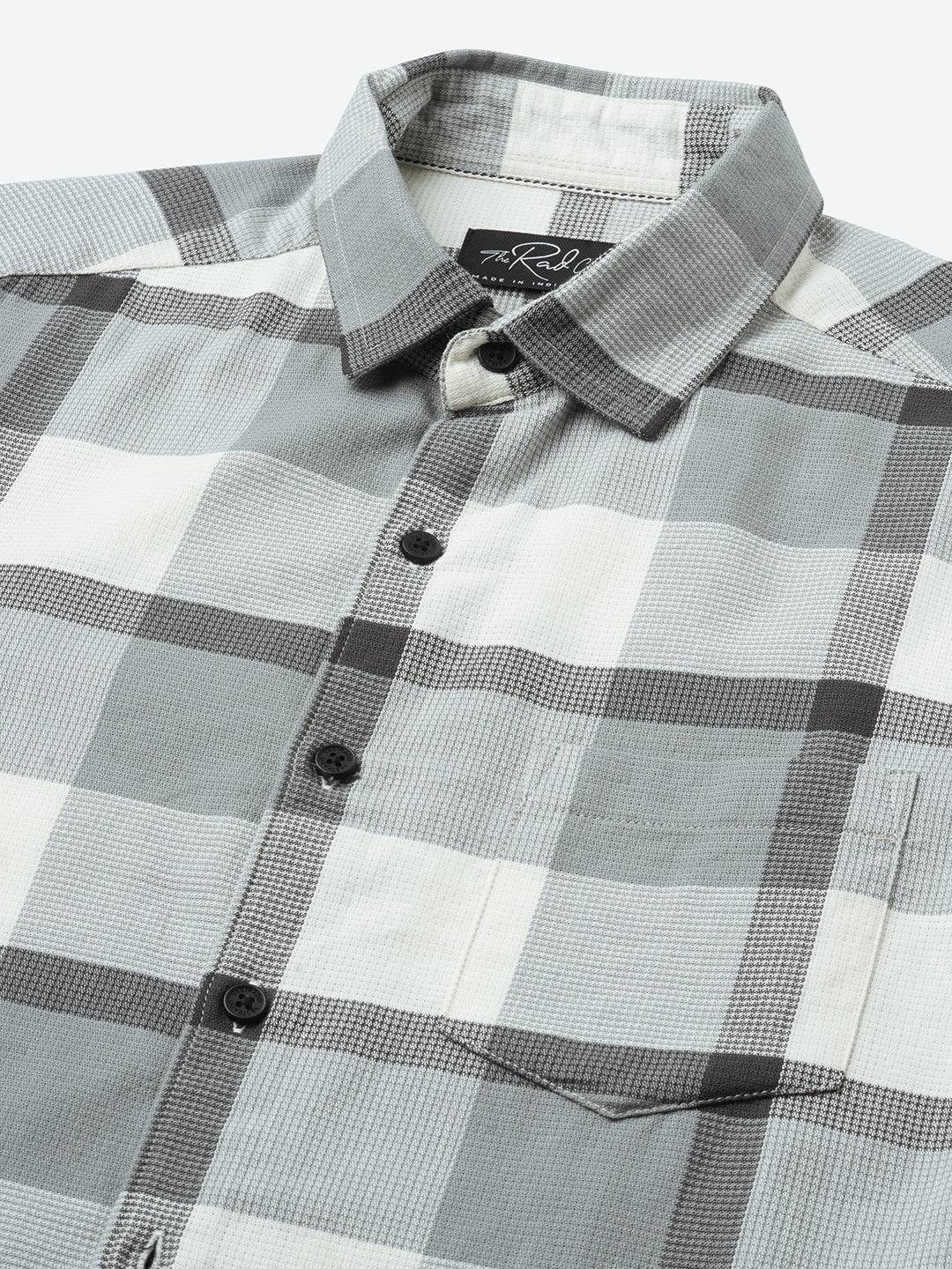 Premium Cotton White & Gradient Grey Minimalist Checks Shirt Buy only at ₹759