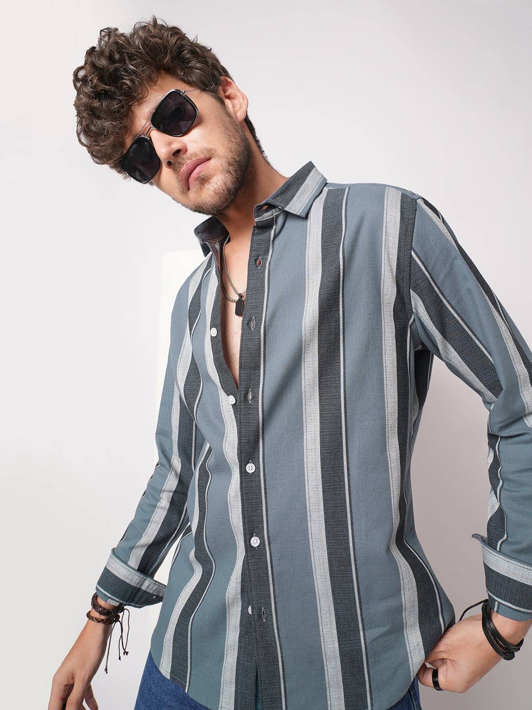 Porpoise Grey & Prussian Blue Striped Shirt Buy only at ₹759