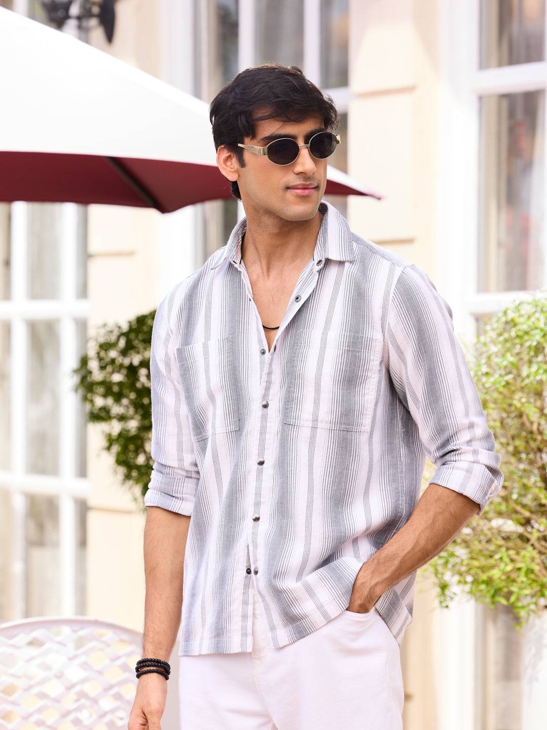 Contrast Echo Grey Stripescape Double Pocket Shirt Buy only at ₹799