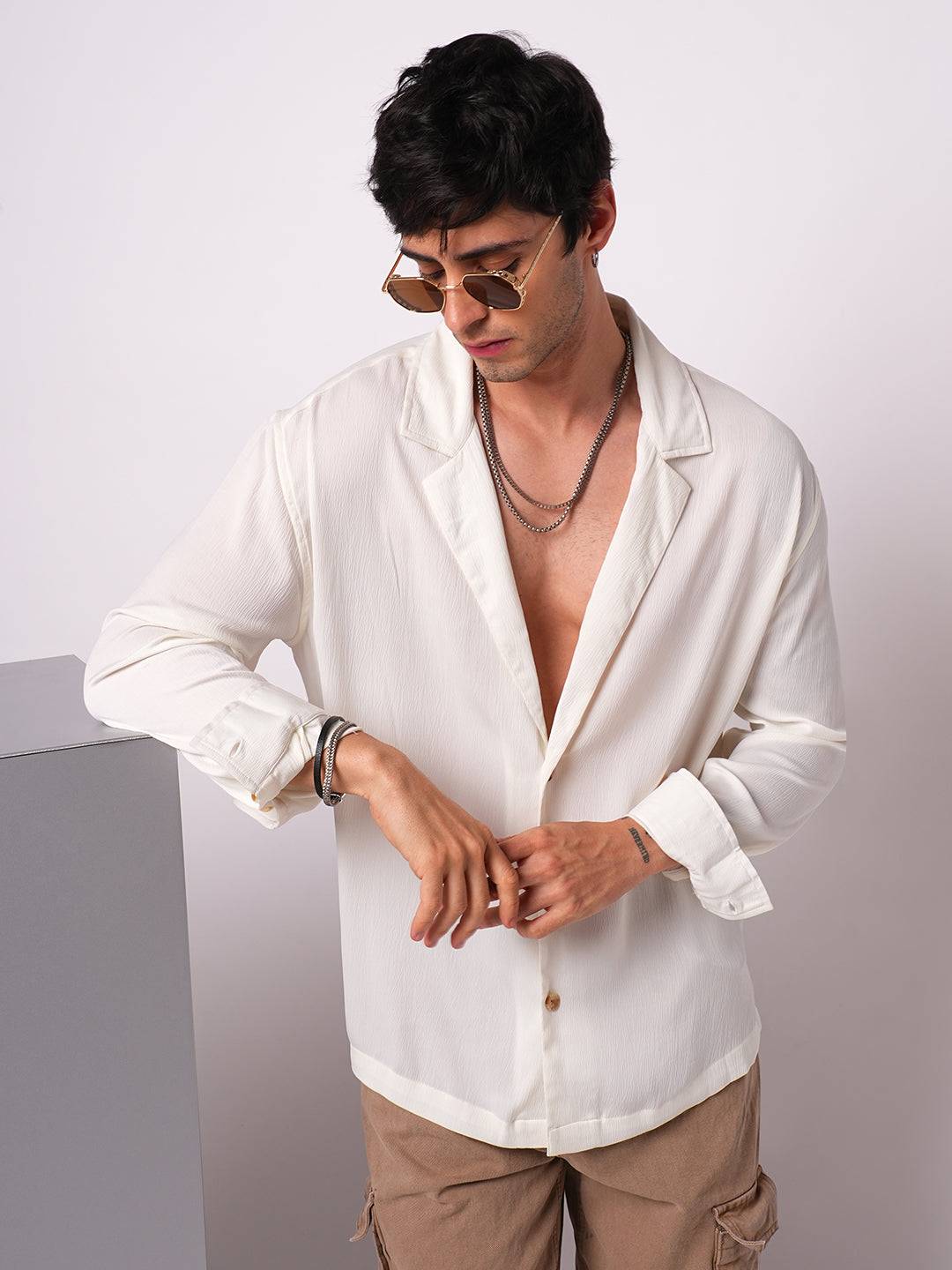 Pure White Hue Crinkled Lapel Collar Oversized Shirt Buy only at ₹659