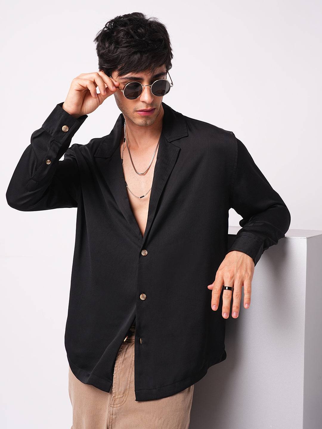 Low key Luxe Black Lapel Collar Oversized Shirt Buy only at ₹659