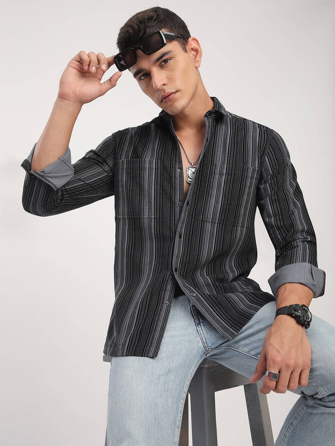 Graphite Striped Double Pocket Corduroy Shirt Buy only at ₹859