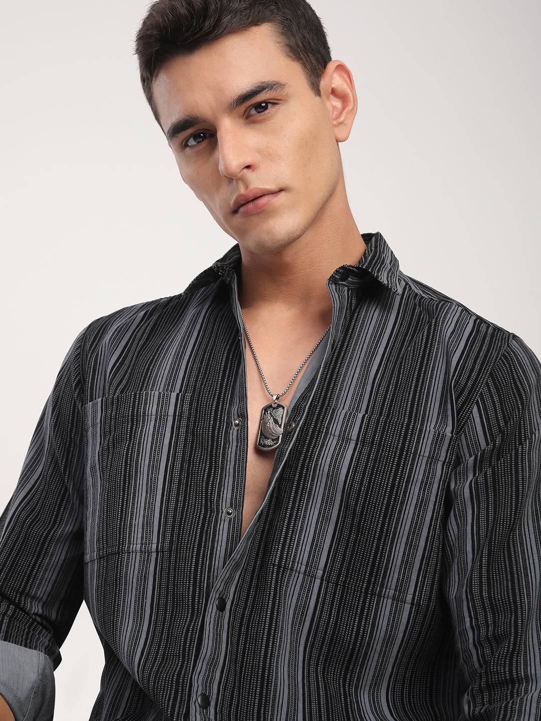 Graphite Striped Double Pocket Corduroy Shirt Buy only at ₹859