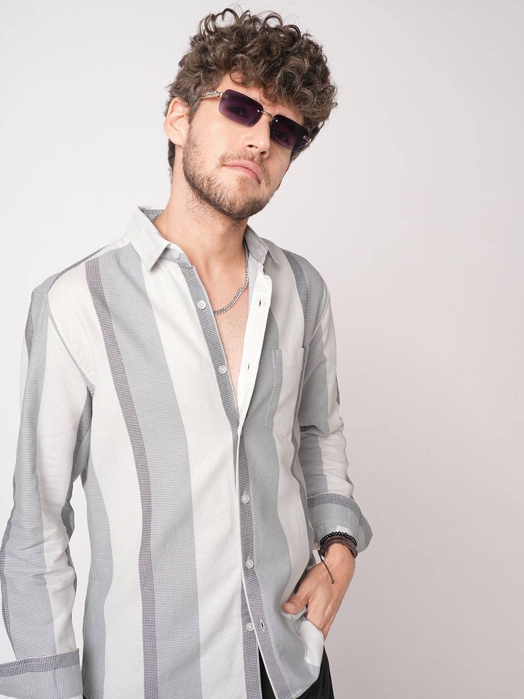 Premium Cotton Classic Dual Tone Broad Stripes Grey Shirt Buy only at ₹759