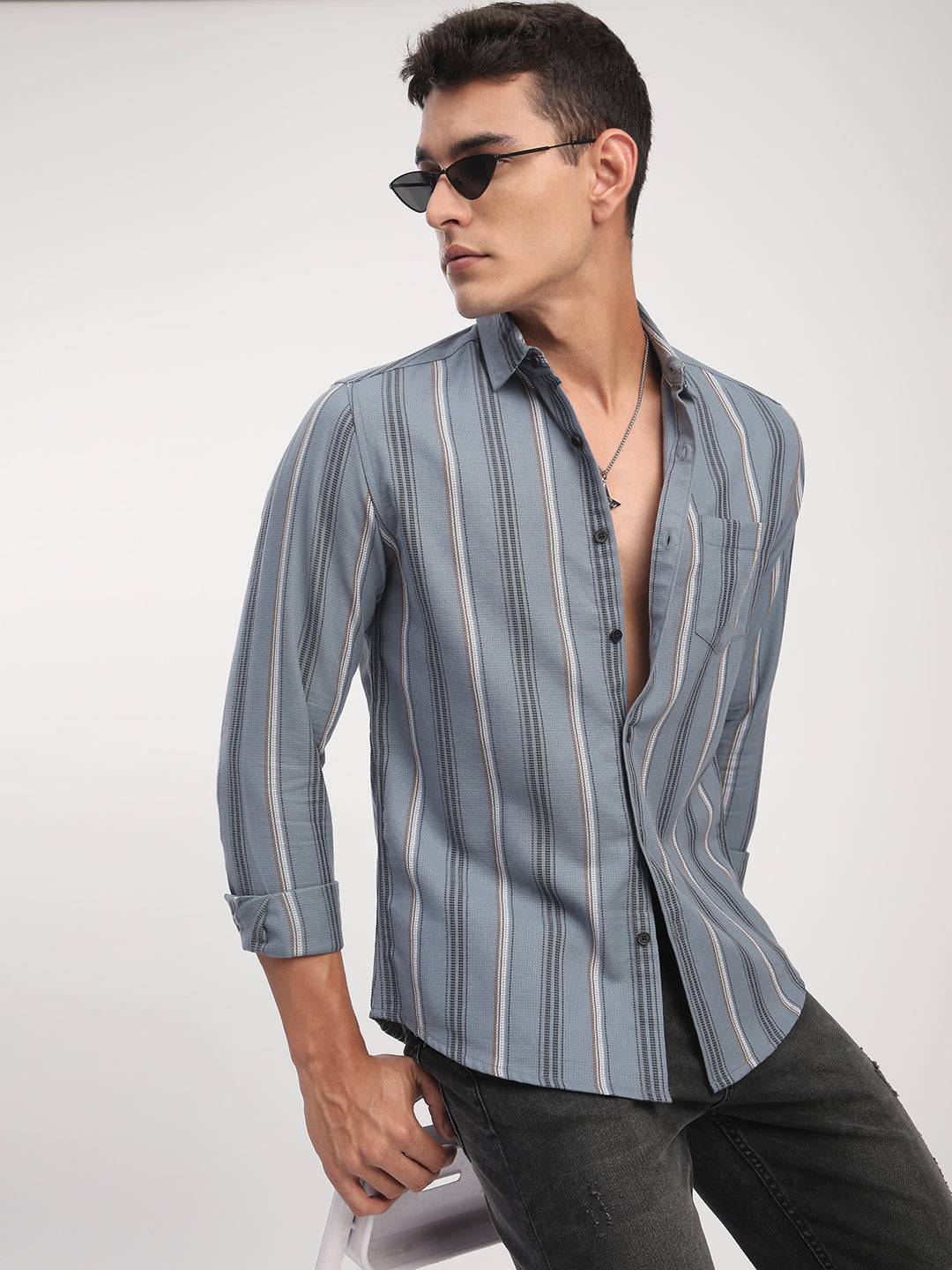 Premium Cotton Power Grey Harmony Striped Shirt Buy only at ₹759