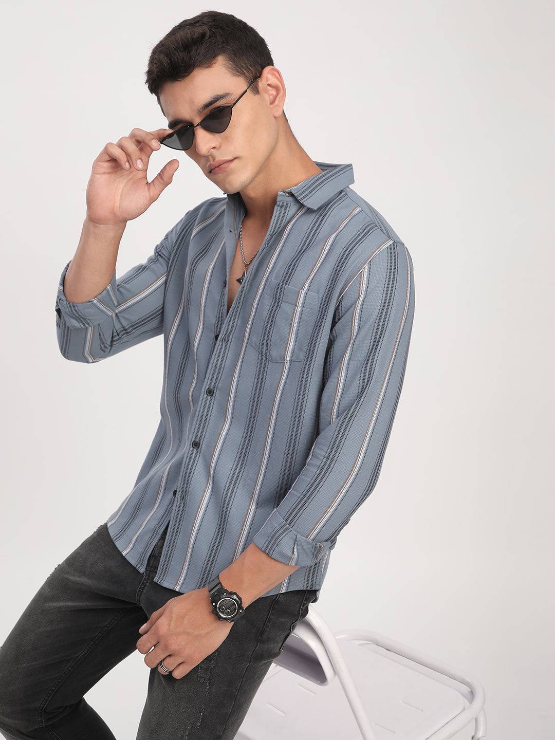 Premium Cotton Power Grey Harmony Striped Shirt Buy only at ₹759