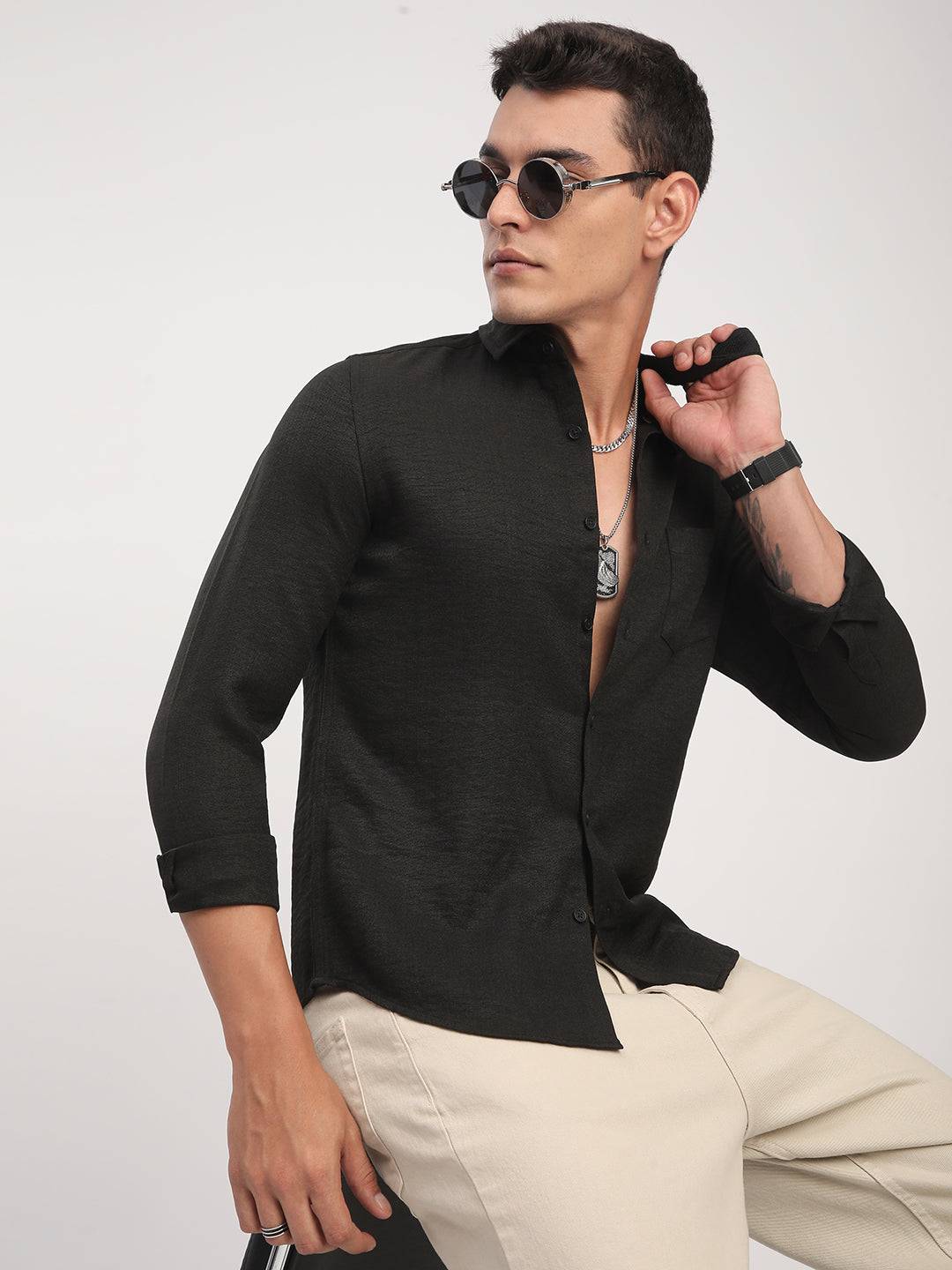 Black Minimalist Solid Crinkled Shirt Buy only at ₹659