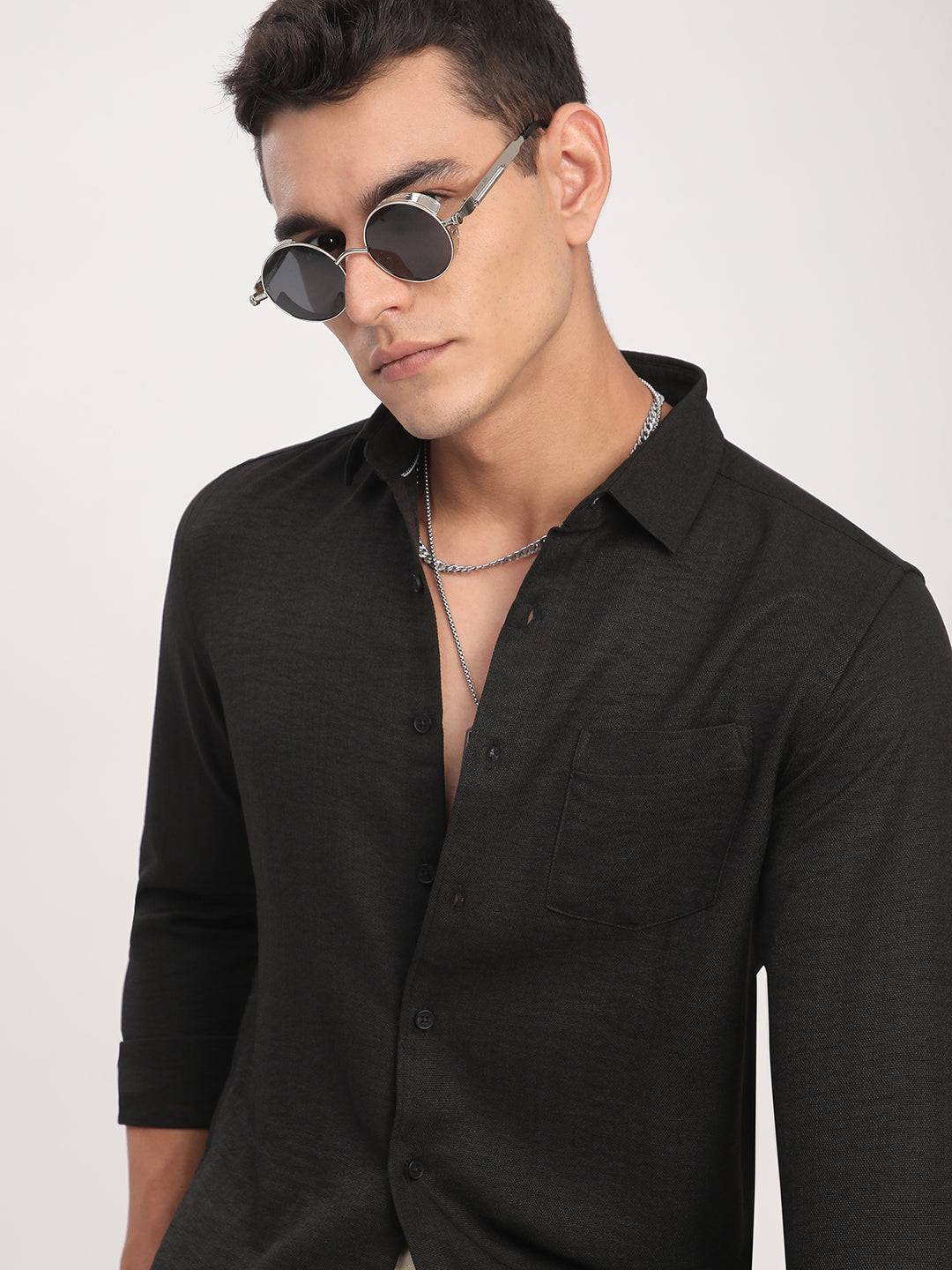 Black Minimalist Solid Crinkled Shirt Buy only at ₹659