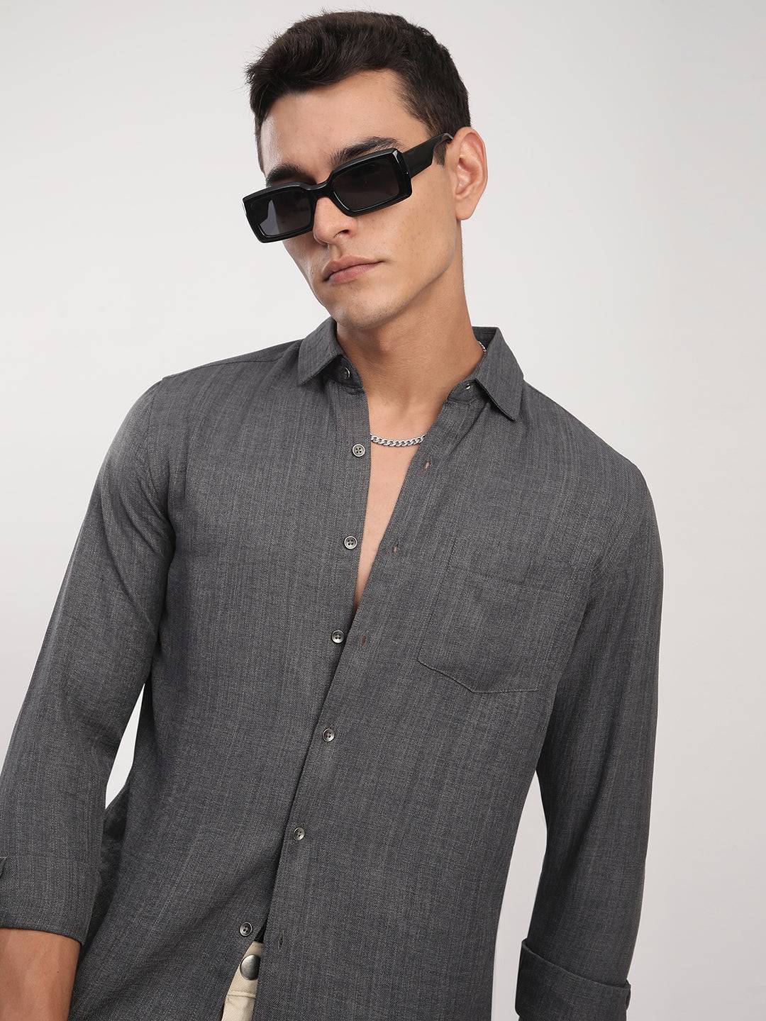 Fuscous Grey Minimalist Solid Shirt Buy only at ₹659