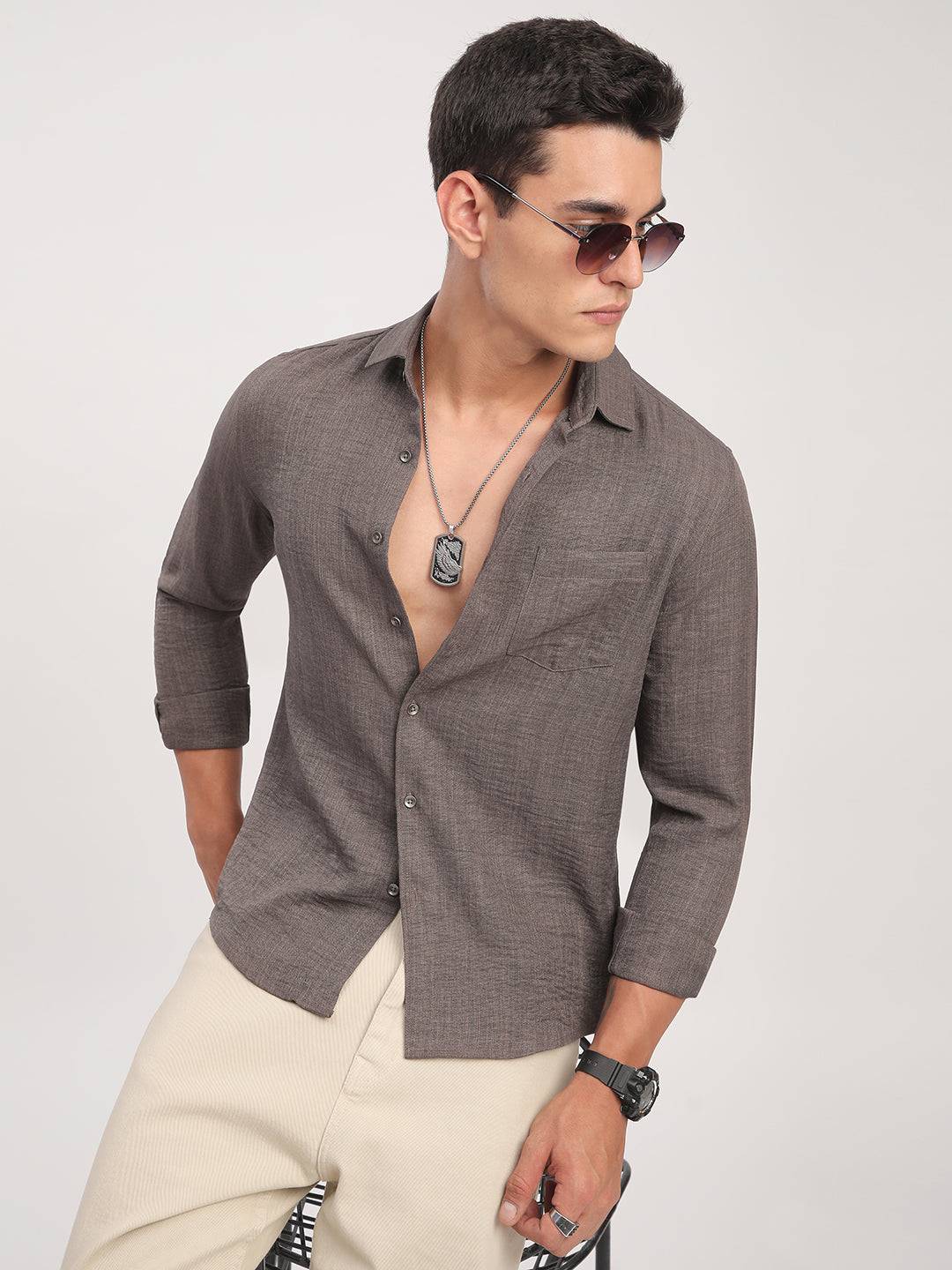 Taupe Minimalist Solid Crinkled Shirt Buy only at ₹659