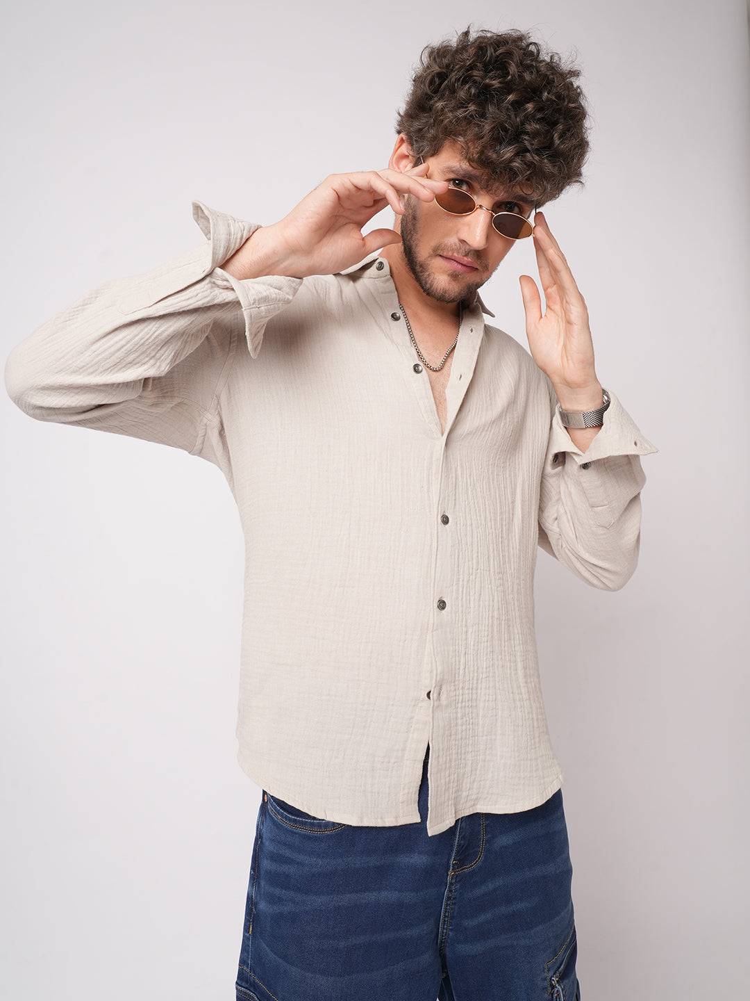 Malibu Beige Double Cloth Crinkled Shirt Buy only at ₹699
