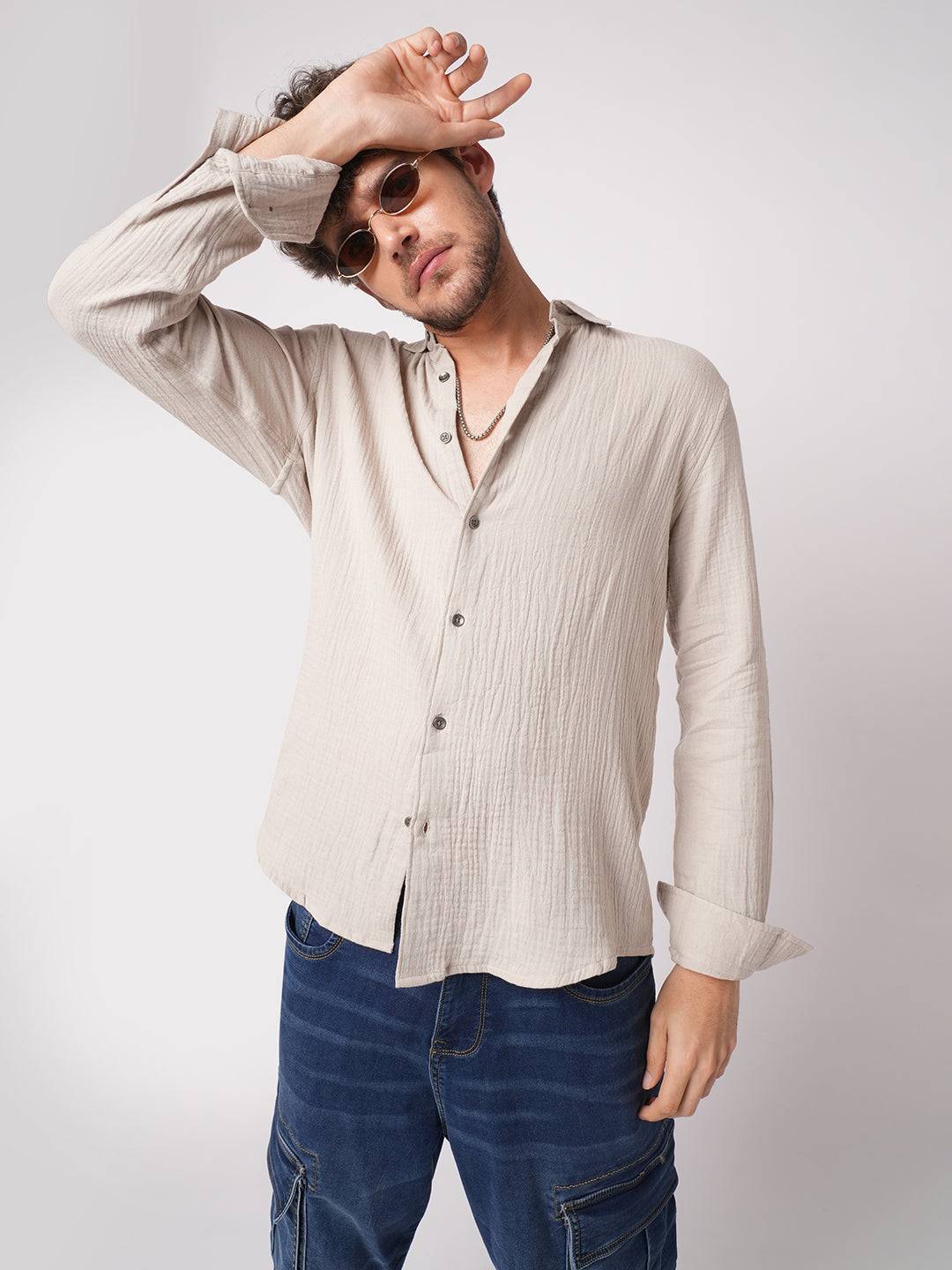 Malibu Beige Double Cloth Crinkled Shirt Buy only at ₹699