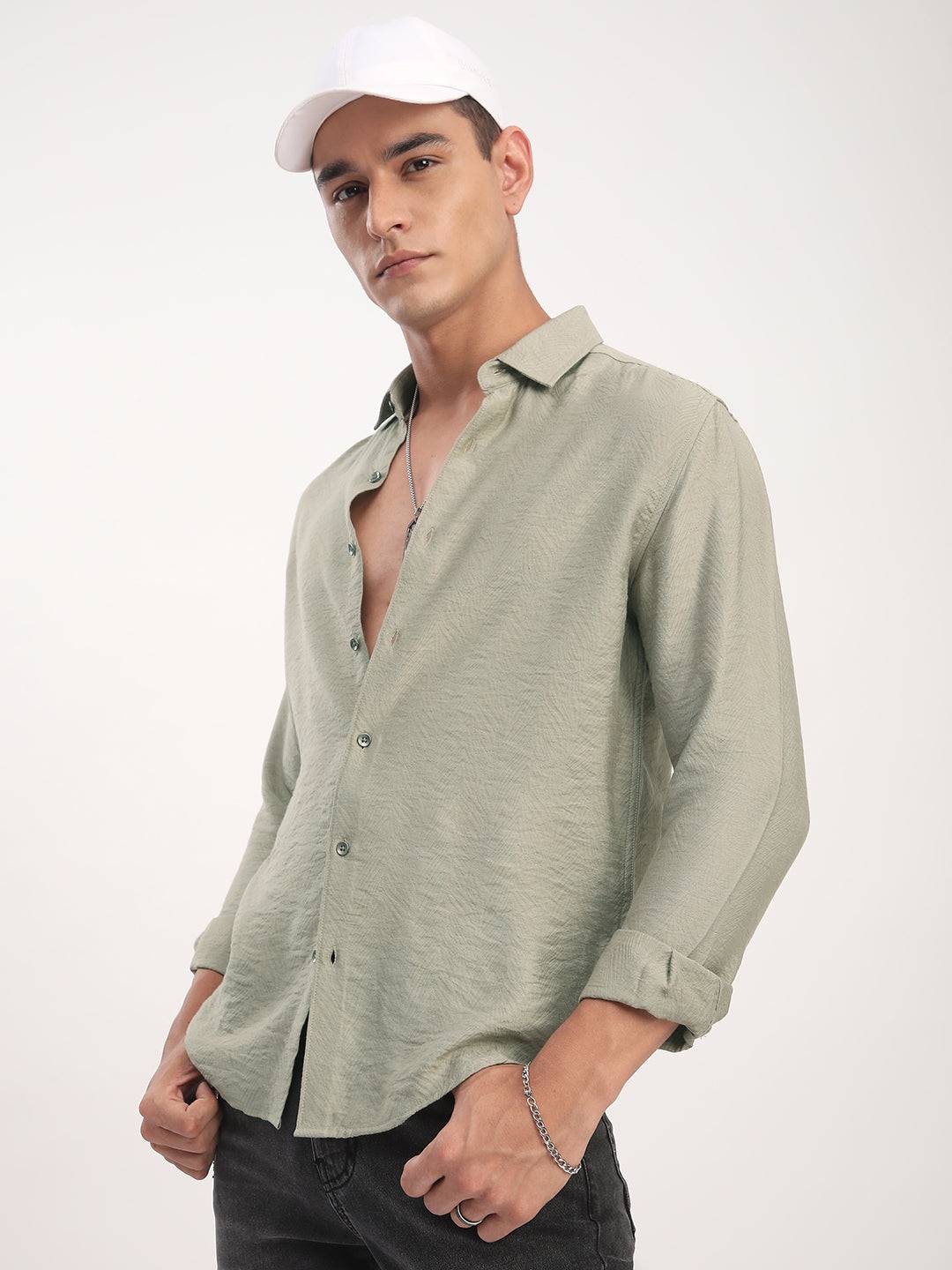 Dusty Olive Rhythmic Wave Textured Shirt Buy only at ₹759